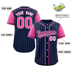 Custom Navy Pink-Gray Stripe Fashion Raglan Sleeves Authentic Baseball Jersey