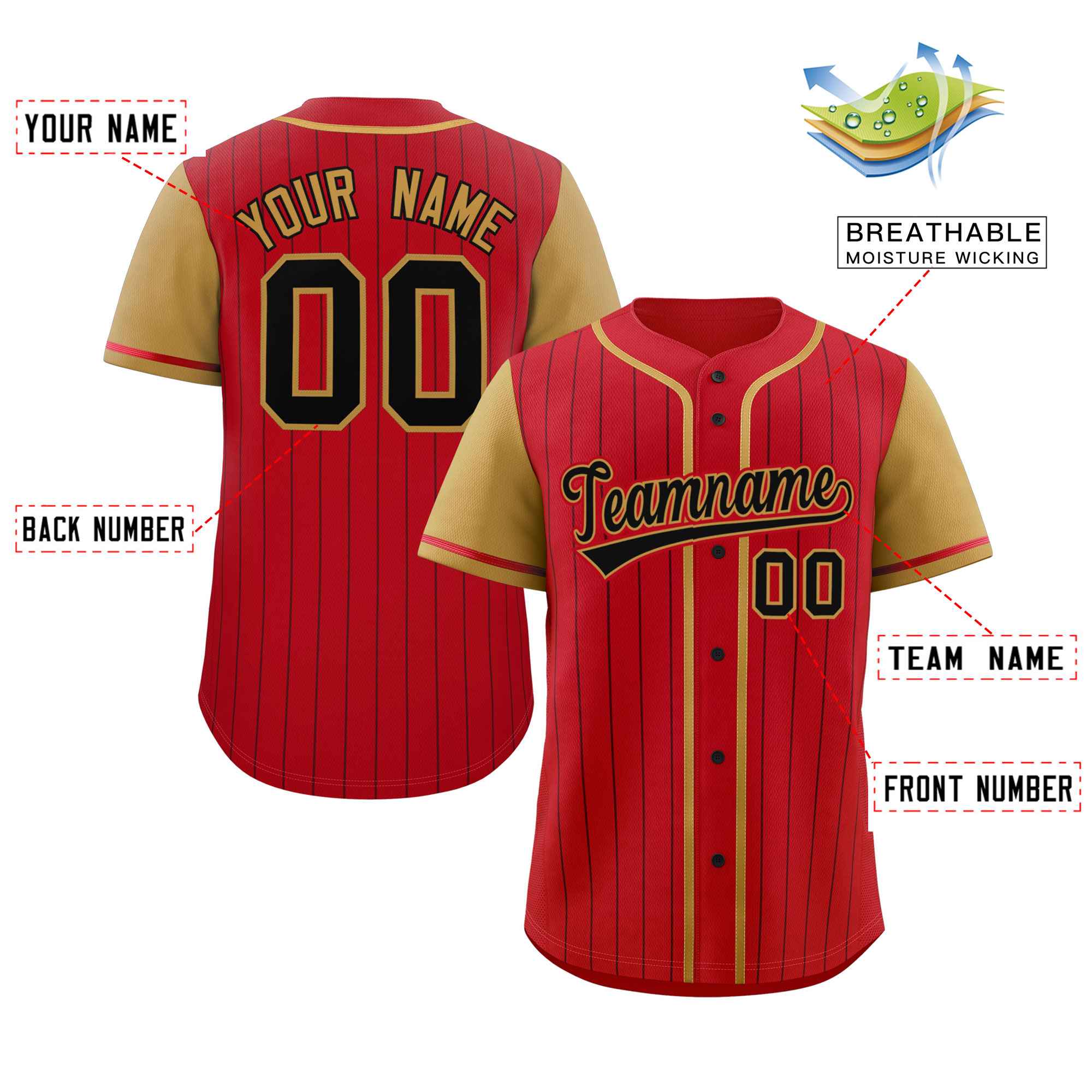 Custom Red Old Gold-Black Stripe Fashion Raglan Sleeves Authentic Baseball Jersey