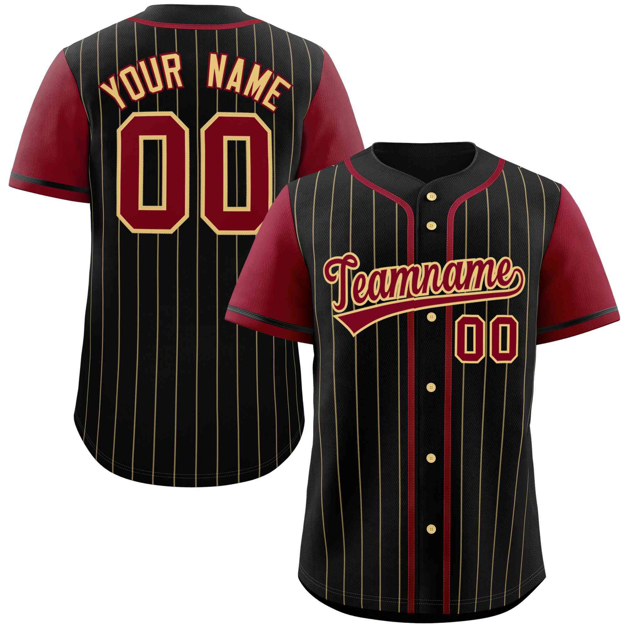 Custom Black Crimson-Khaki Stripe Fashion Raglan Sleeves Authentic Baseball Jersey