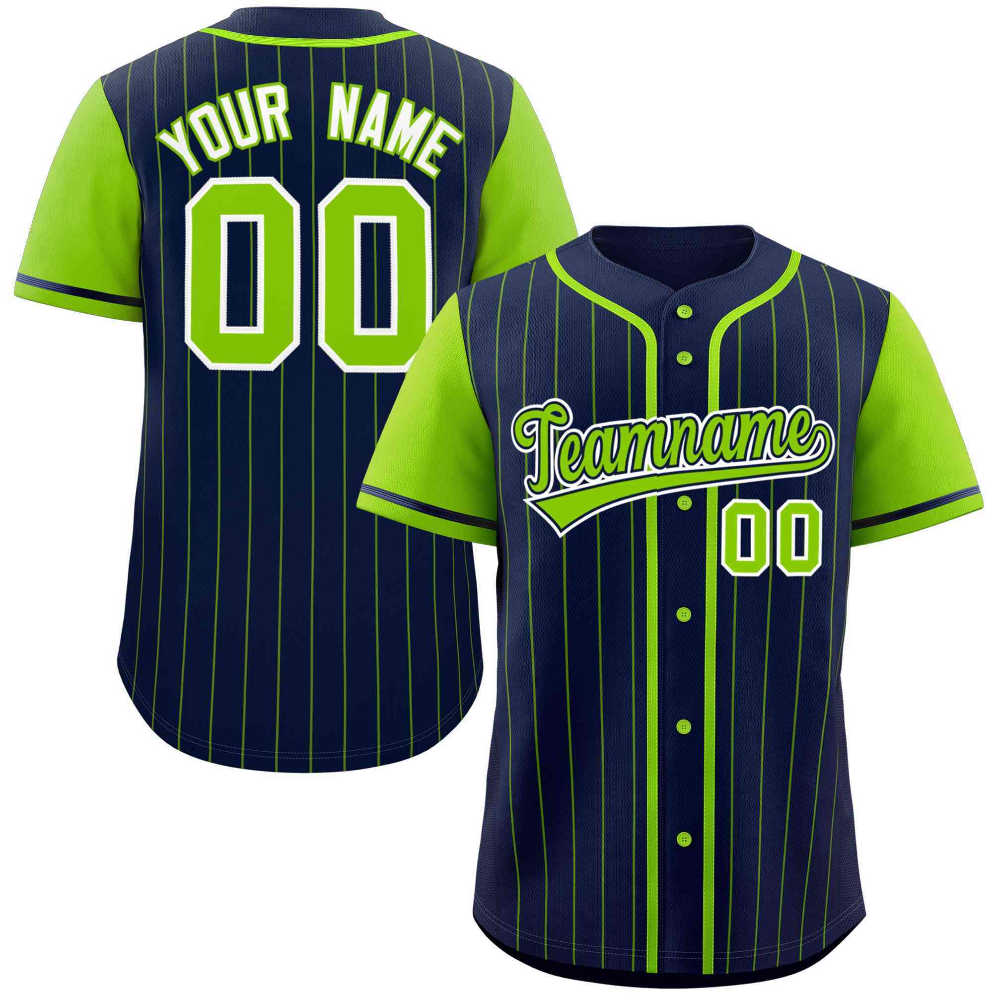 Custom Navy Neon Green Stripe Fashion Raglan Sleeves Authentic Baseball Jersey