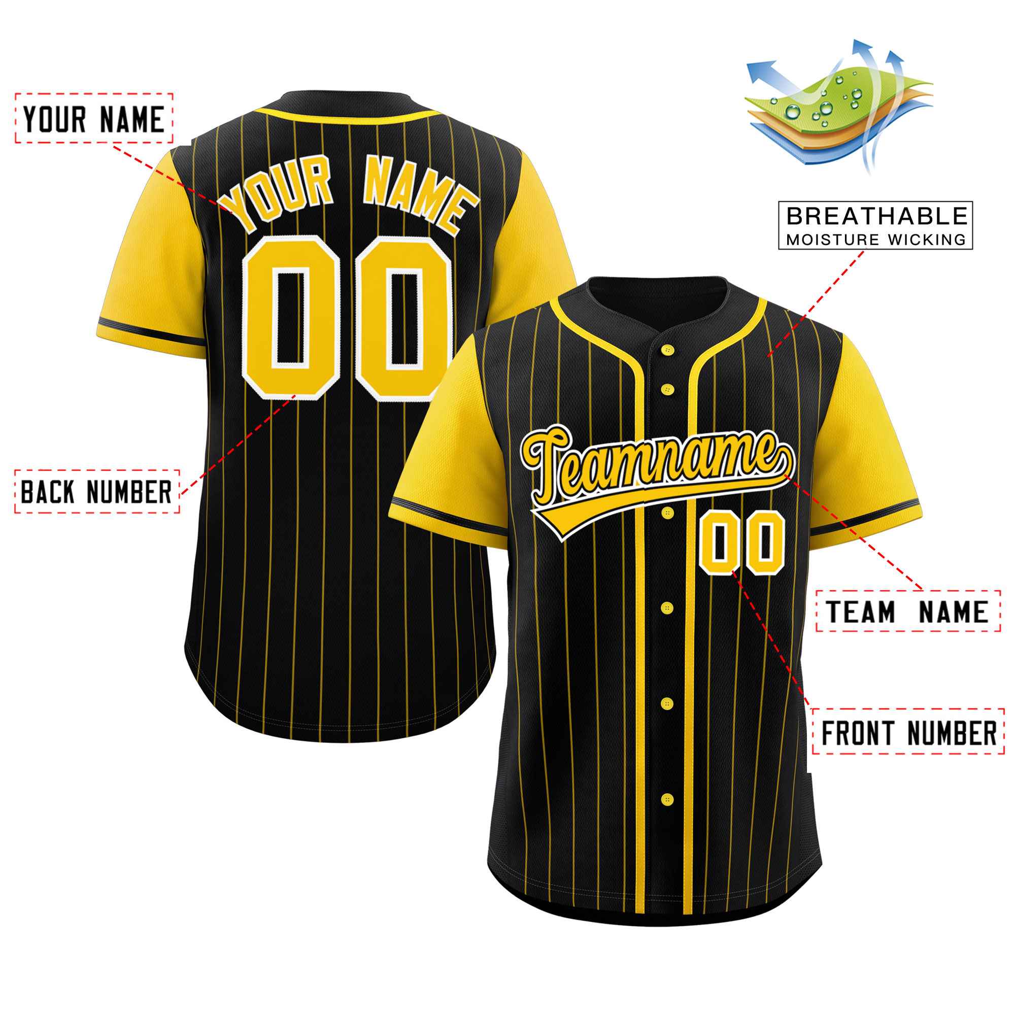 Custom Black Gold Stripe Fashion Raglan Sleeves Authentic Baseball Jersey