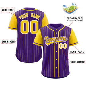 Custom Purple Gold Stripe Fashion Raglan Sleeves Authentic Baseball Jersey