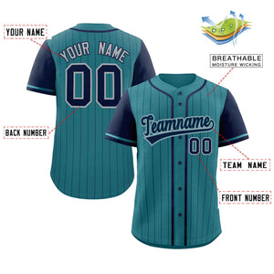 Custom Aqua Navy Stripe Fashion Raglan Sleeves Authentic Baseball Jersey