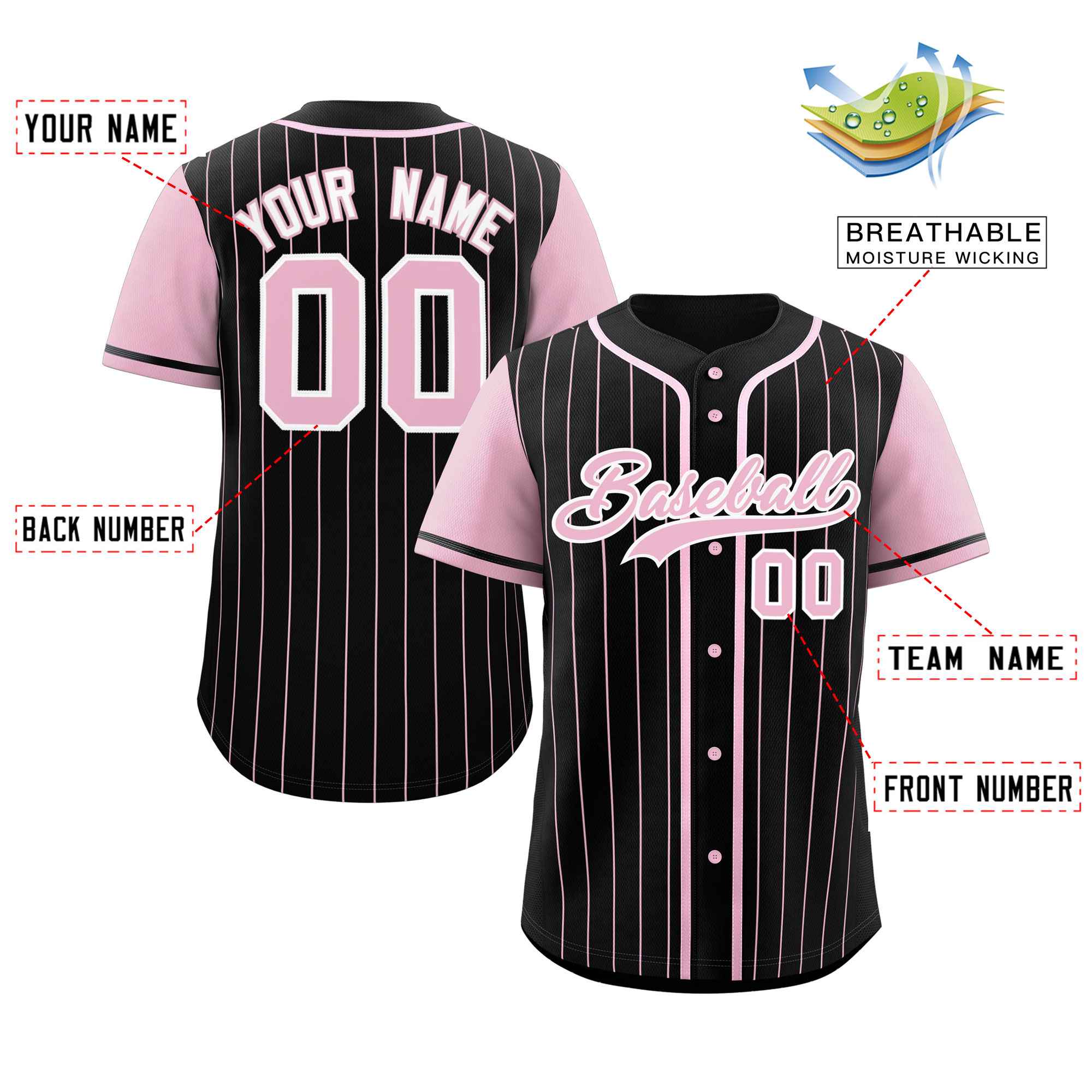 Custom Black Pink Stripe Fashion Raglan Sleeves Authentic Baseball Jersey