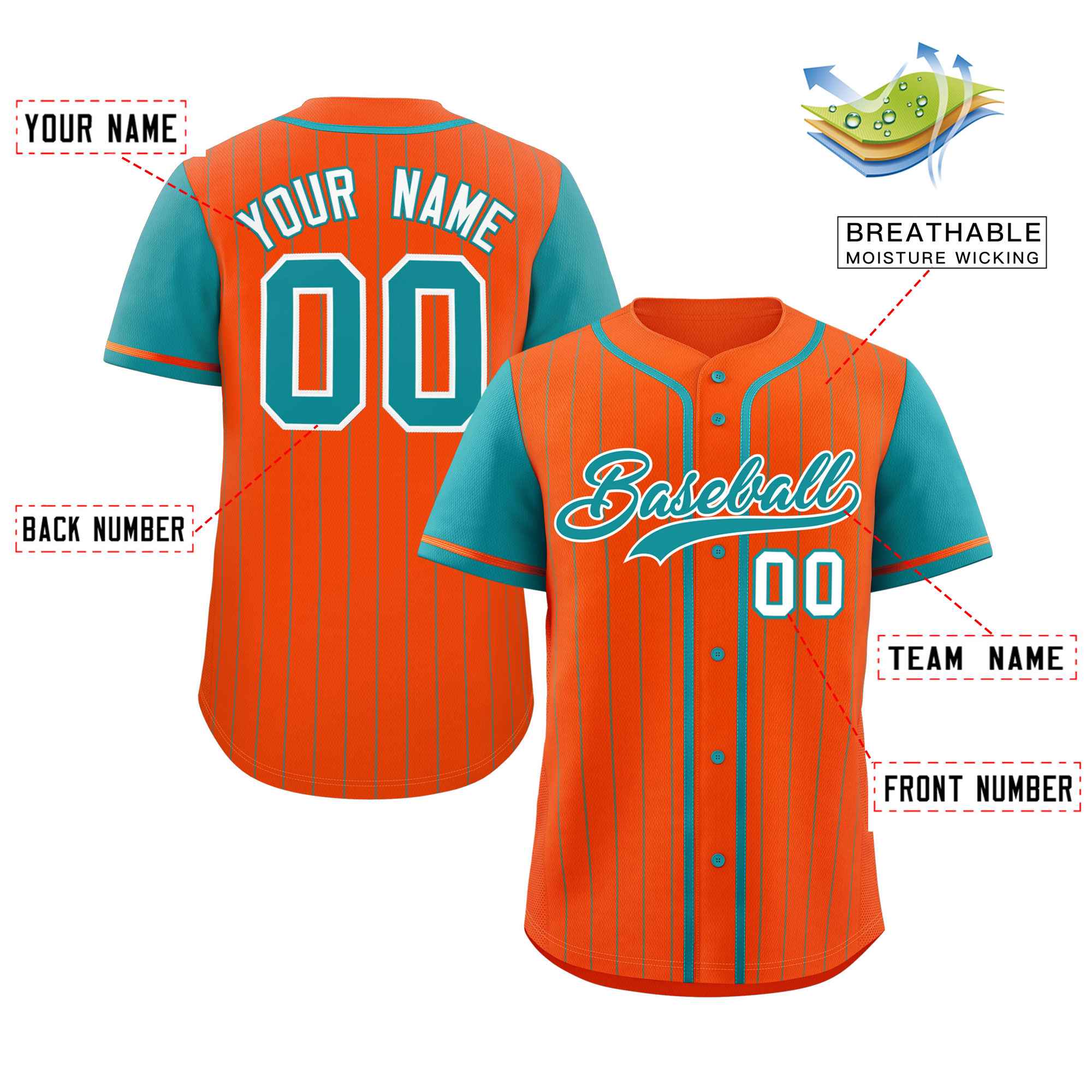 Custom Orange Aqua Stripe Fashion Raglan Sleeves Authentic Baseball Jersey