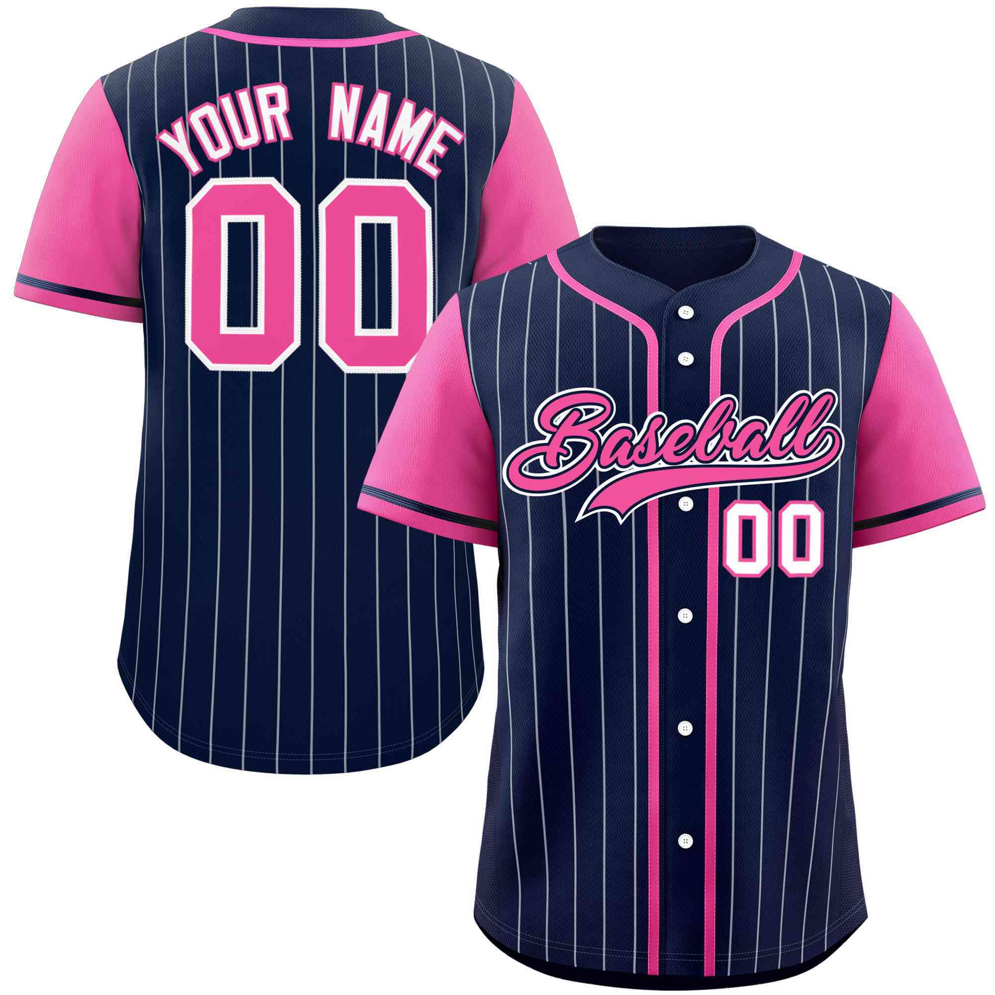 Custom Navy Pink-Gray Stripe Fashion Raglan Sleeves Authentic Baseball Jersey