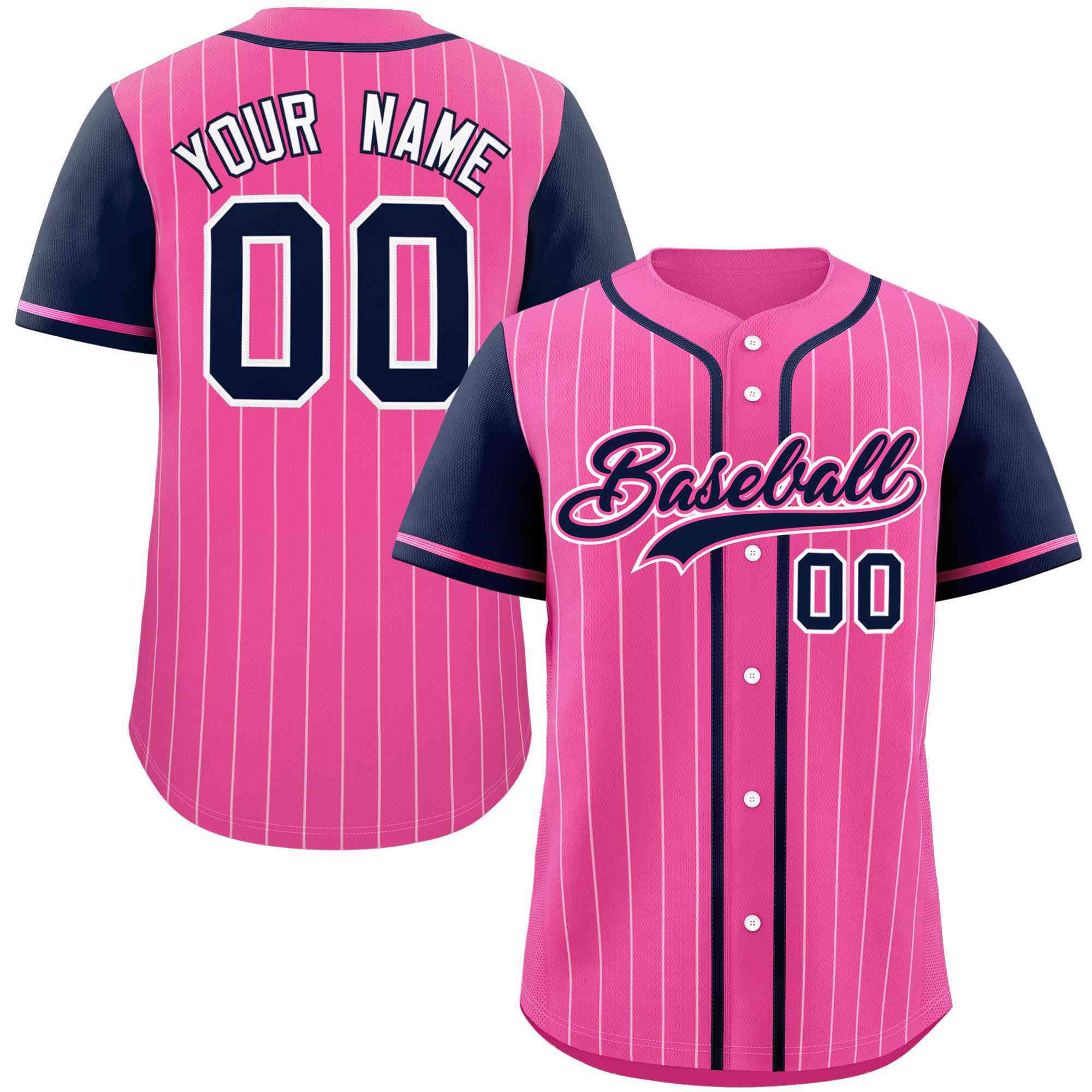 Custom Pink Navy-White Stripe Fashion Raglan Sleeves Authentic Baseball Jersey