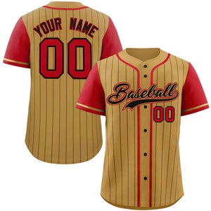 Custom Old Gold Red-Black Stripe Fashion Raglan Sleeves Authentic Baseball Jersey