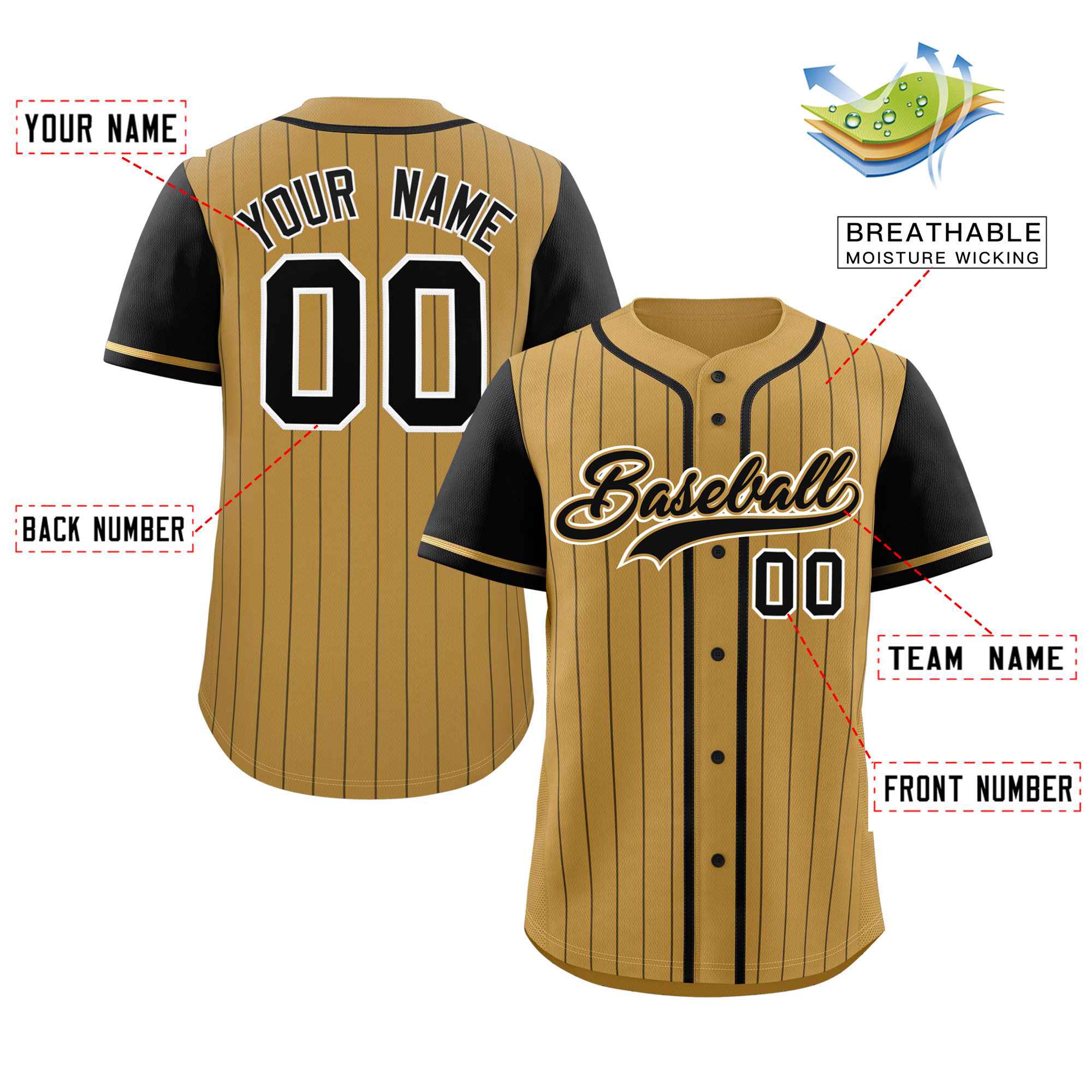 Custom Old Gold Black Stripe Fashion Raglan Sleeves Authentic Baseball Jersey