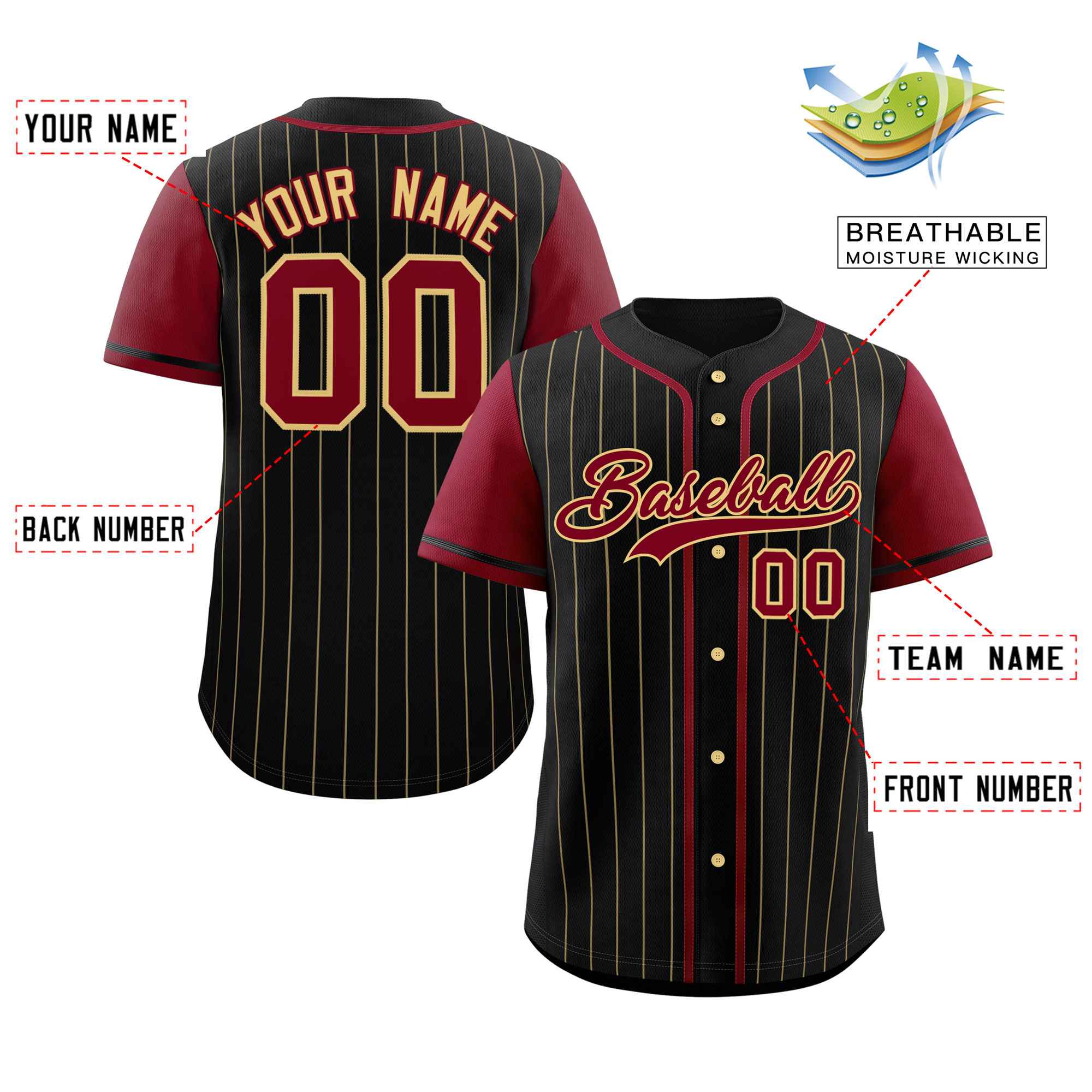 Custom Black Crimson-Khaki Stripe Fashion Raglan Sleeves Authentic Baseball Jersey