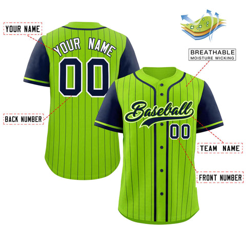 Custom Neon Green Navy Stripe Fashion Raglan Sleeves Authentic Baseball Jersey