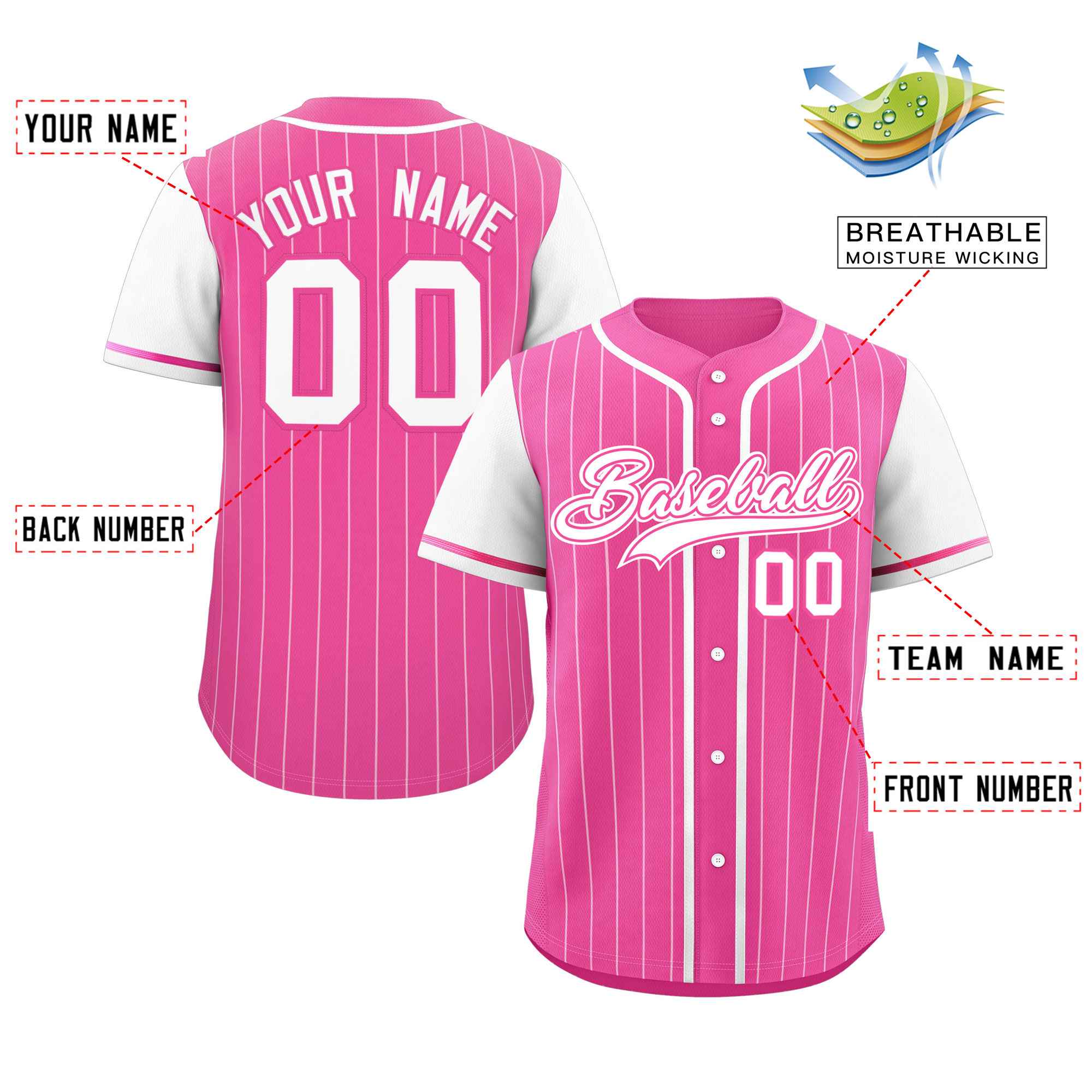 Custom Pink White Stripe Fashion Raglan Sleeves Authentic Baseball Jersey