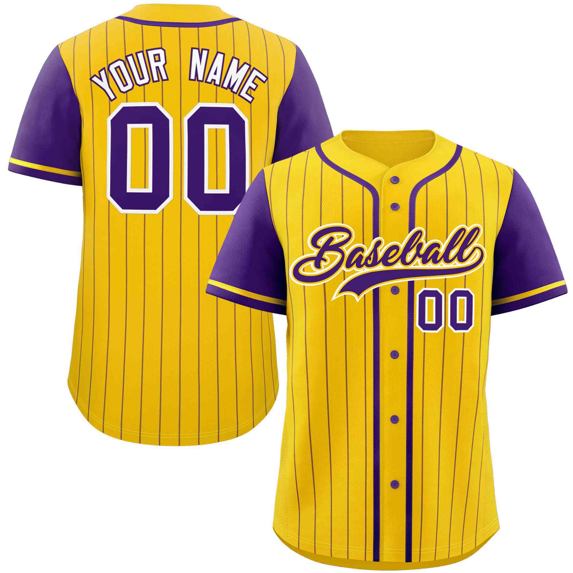 Custom Gold Purple Stripe Fashion Raglan Sleeves Authentic Baseball Jersey