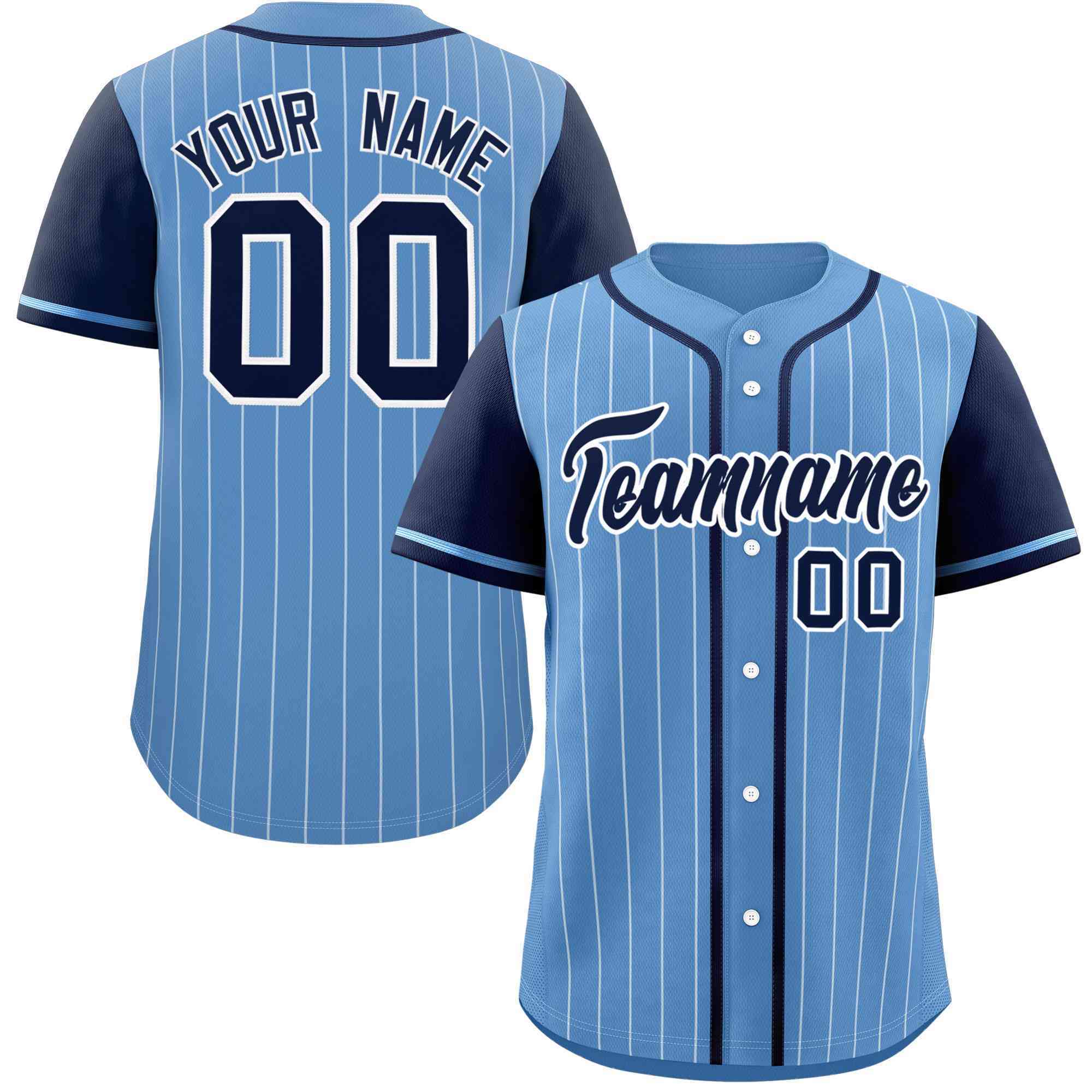 Custom Light Blue Navy-White Stripe Fashion Raglan Sleeves Authentic Baseball Jersey