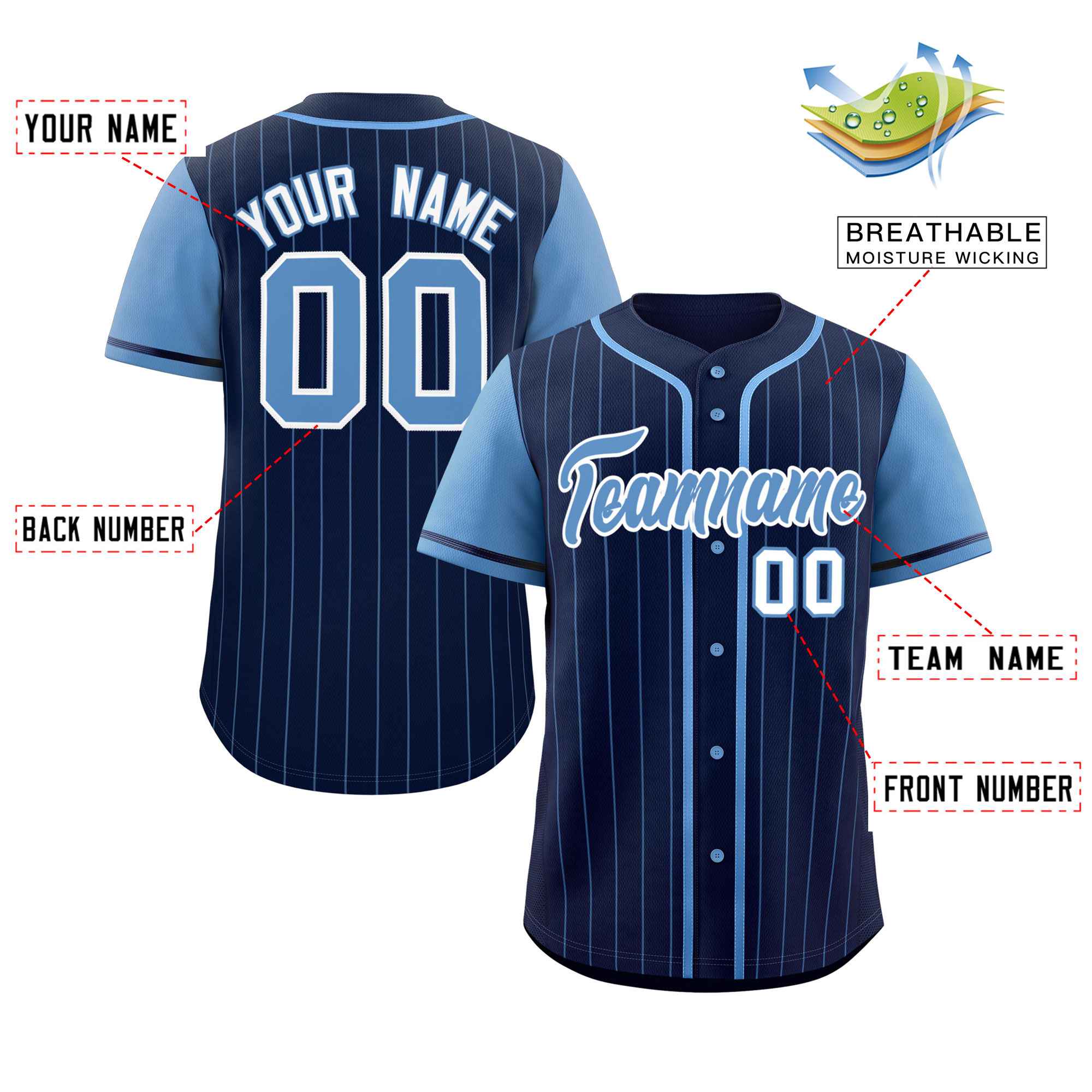 Custom Navy Light Blue Stripe Fashion Raglan Sleeves Authentic Baseball Jersey