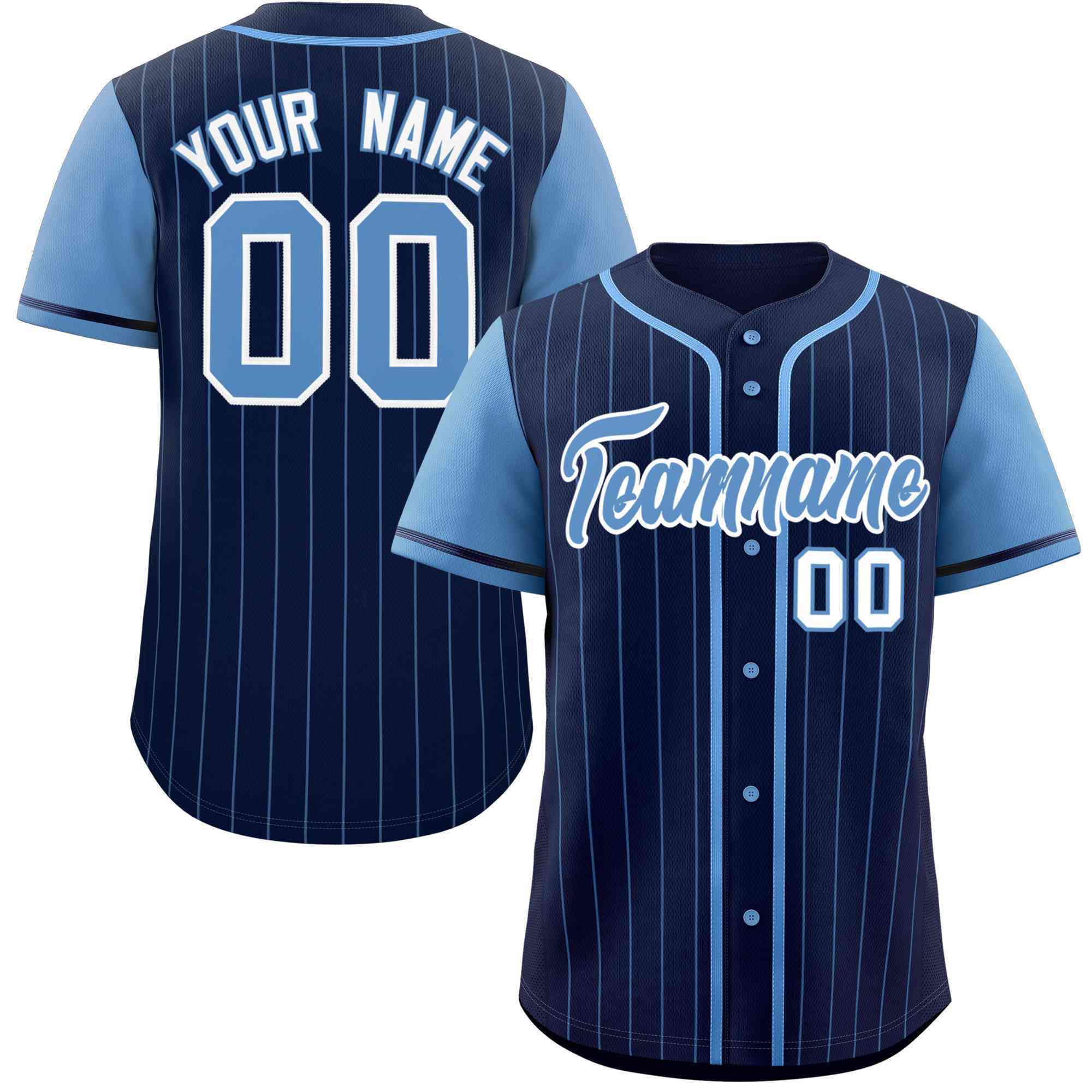 Custom Navy Light Blue Stripe Fashion Raglan Sleeves Authentic Baseball Jersey