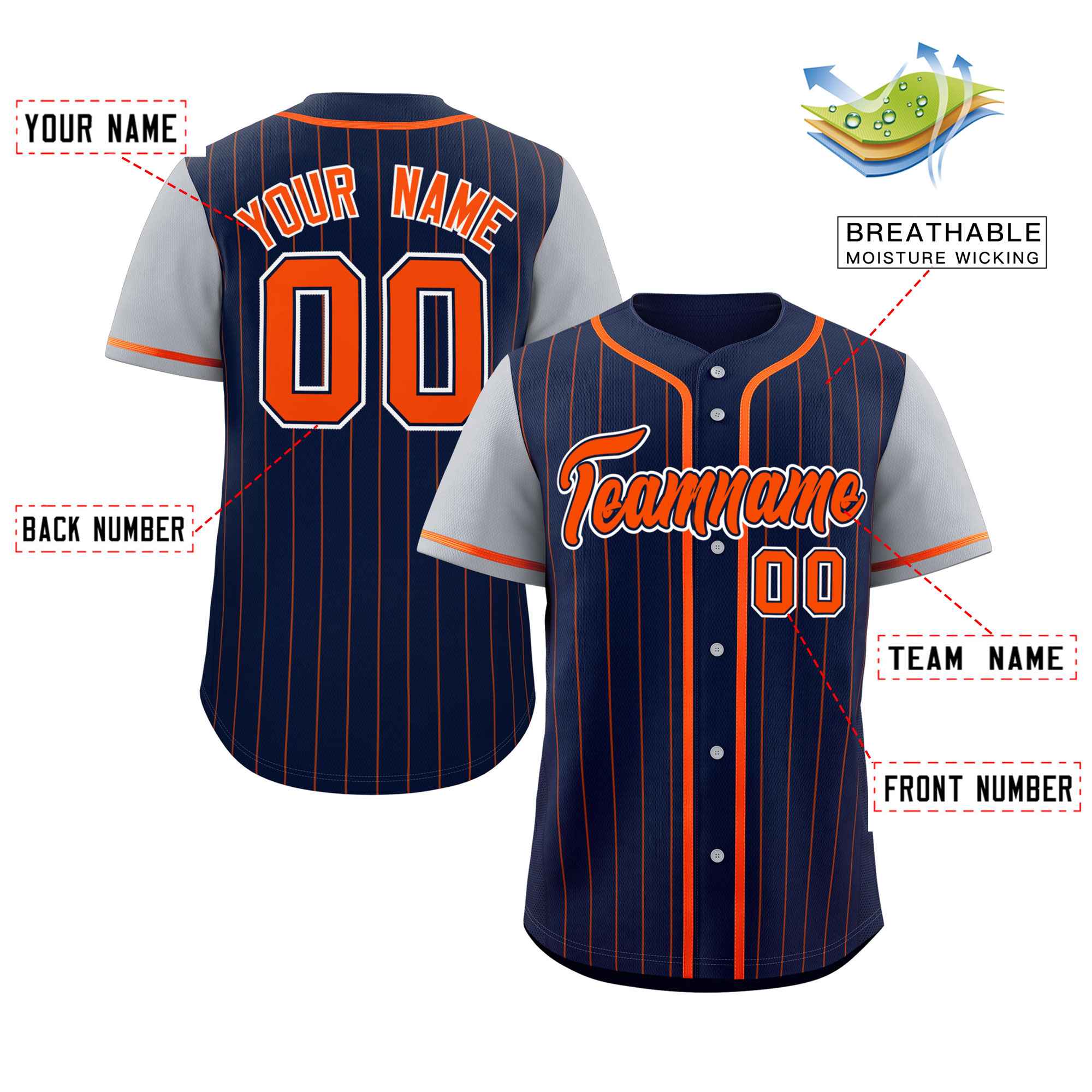 Custom Navy Gray-Orange Stripe Fashion Raglan Sleeves Authentic Baseball Jersey