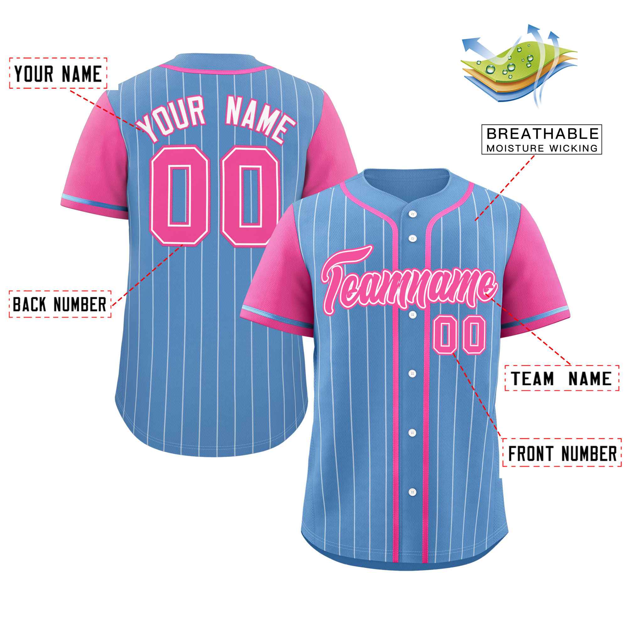 Custom Light Blue Pink-White Stripe Fashion Raglan Sleeves Authentic Baseball Jersey