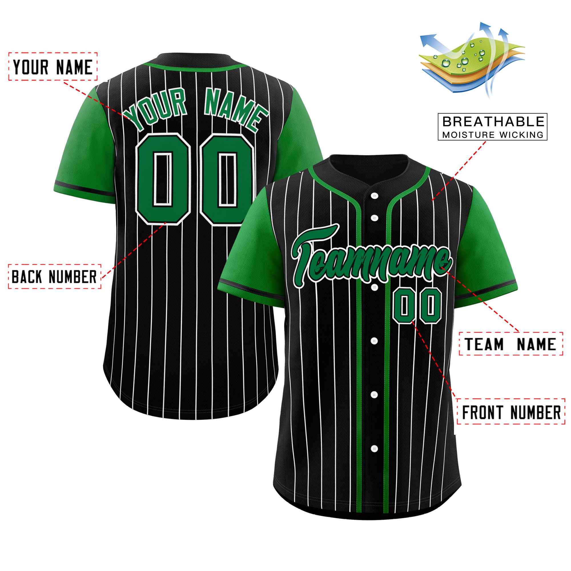 Custom Black Kelly Green-White Stripe Fashion Raglan Sleeves Authentic Baseball Jersey