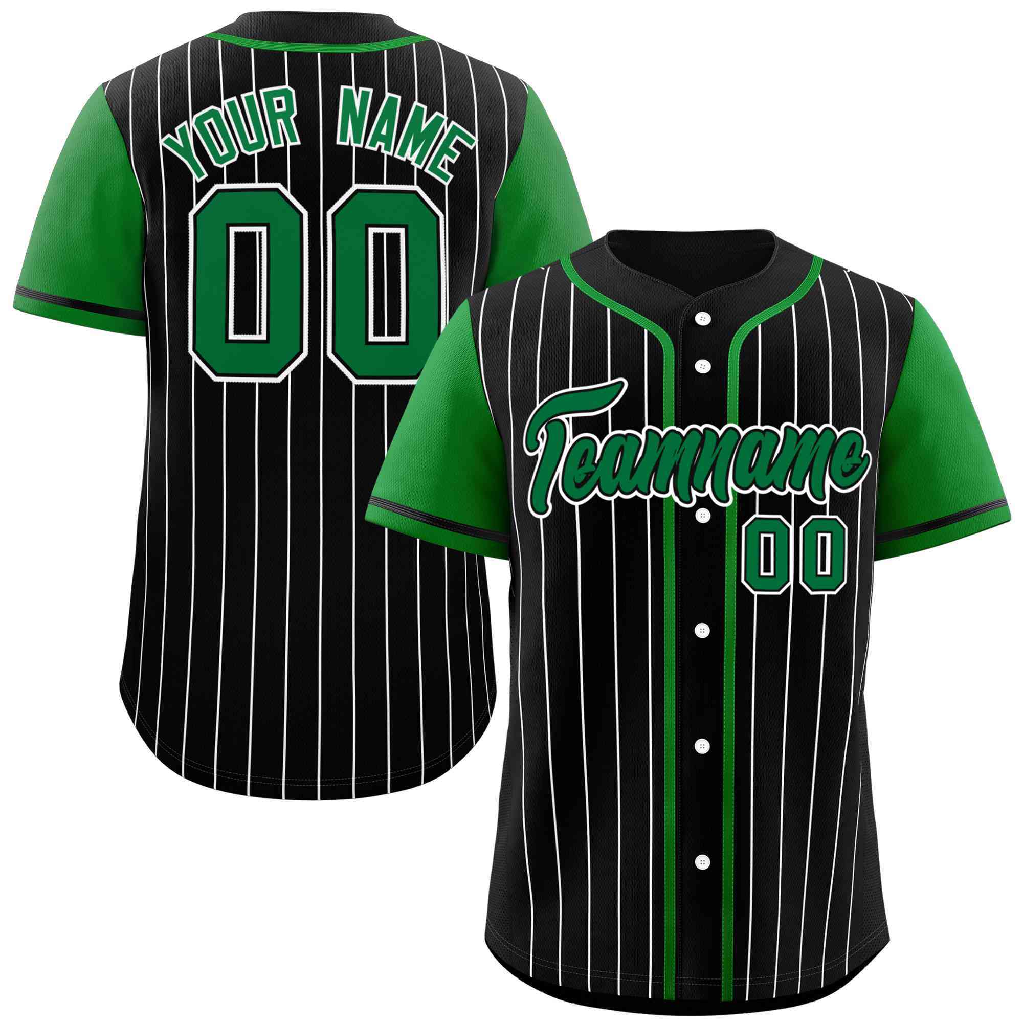 Custom Black Kelly Green-White Stripe Fashion Raglan Sleeves Authentic Baseball Jersey