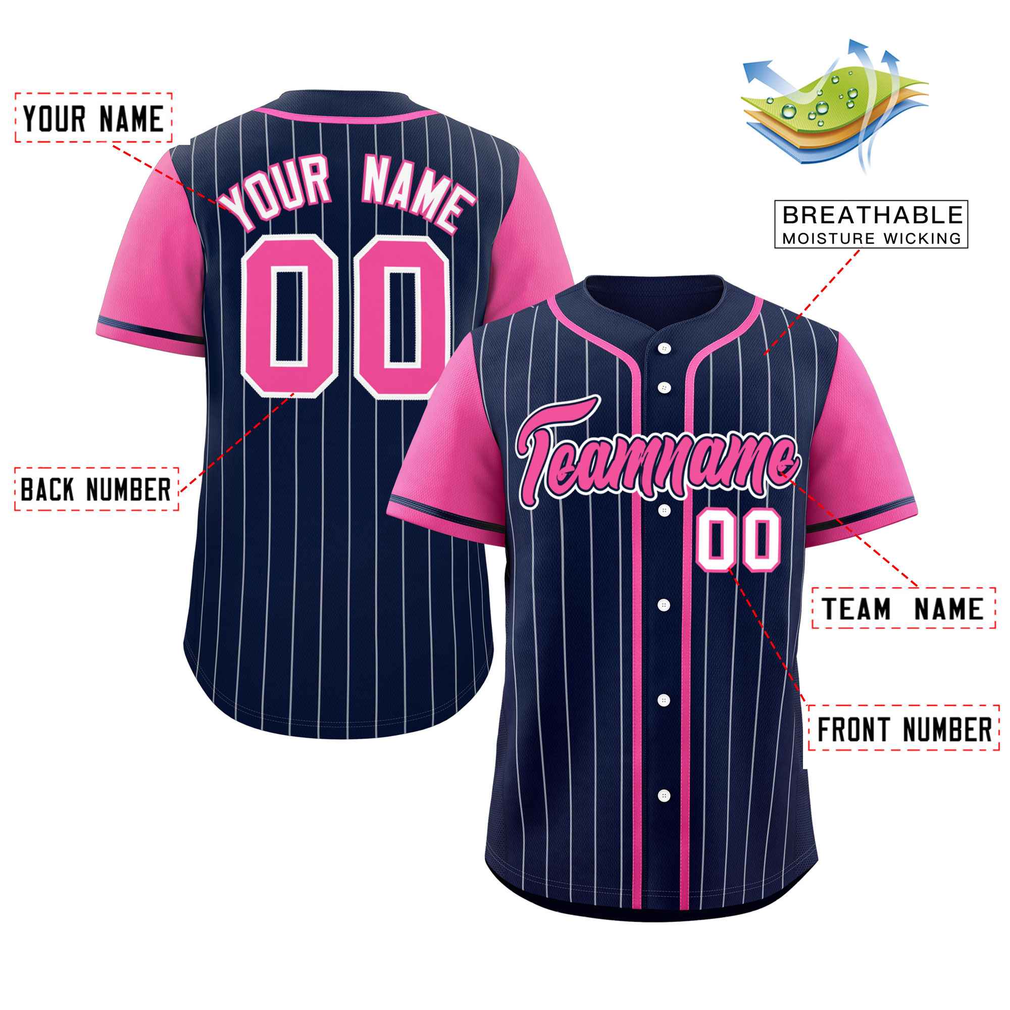 Custom Navy Pink-Gray Stripe Fashion Raglan Sleeves Authentic Baseball Jersey