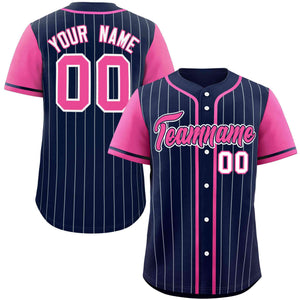 Custom Navy Pink-Gray Stripe Fashion Raglan Sleeves Authentic Baseball Jersey