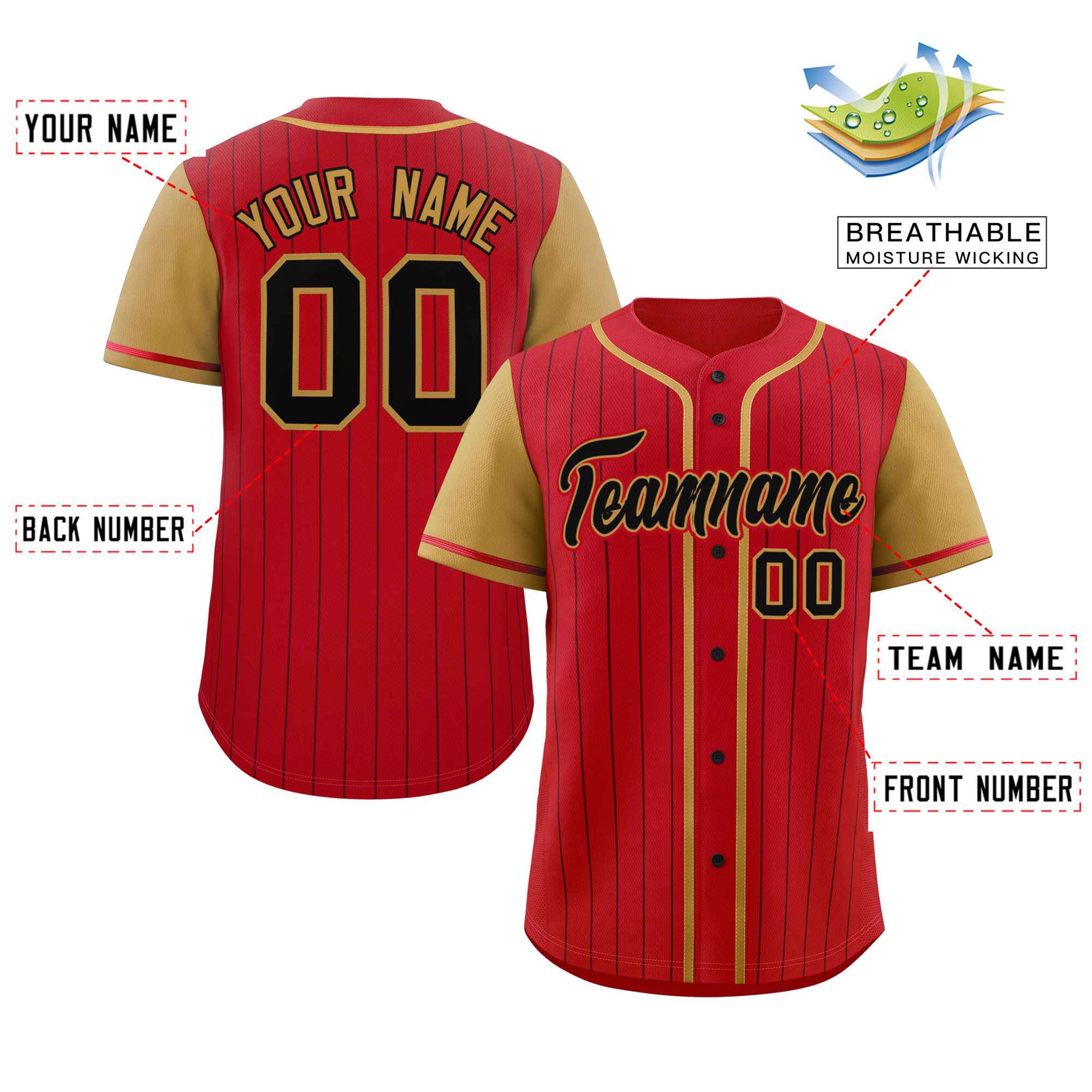 Custom Red Old Gold-Black Stripe Fashion Raglan Sleeves Authentic Baseball Jersey