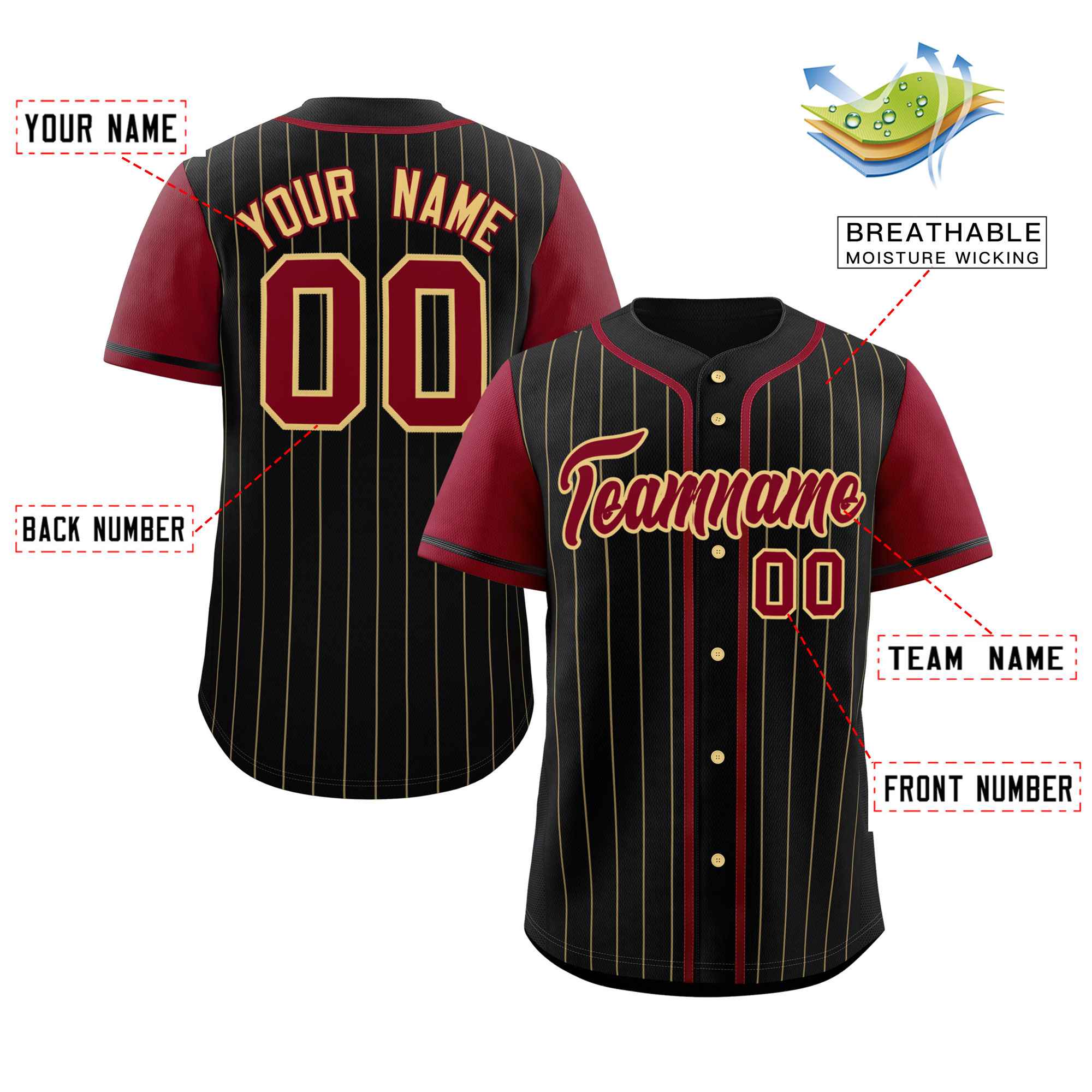 Custom Black Crimson-Khaki Stripe Fashion Raglan Sleeves Authentic Baseball Jersey