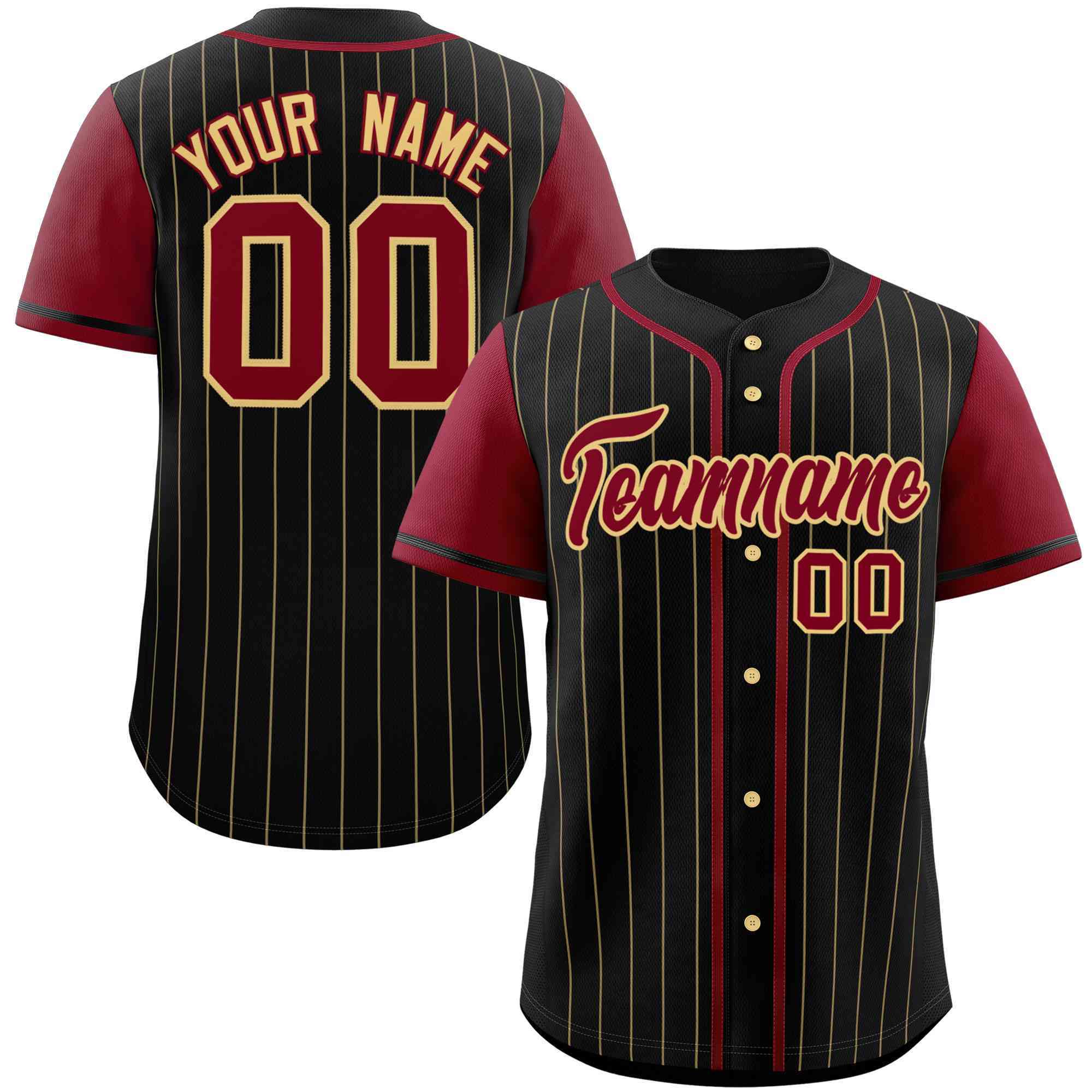 Custom Black Crimson-Khaki Stripe Fashion Raglan Sleeves Authentic Baseball Jersey