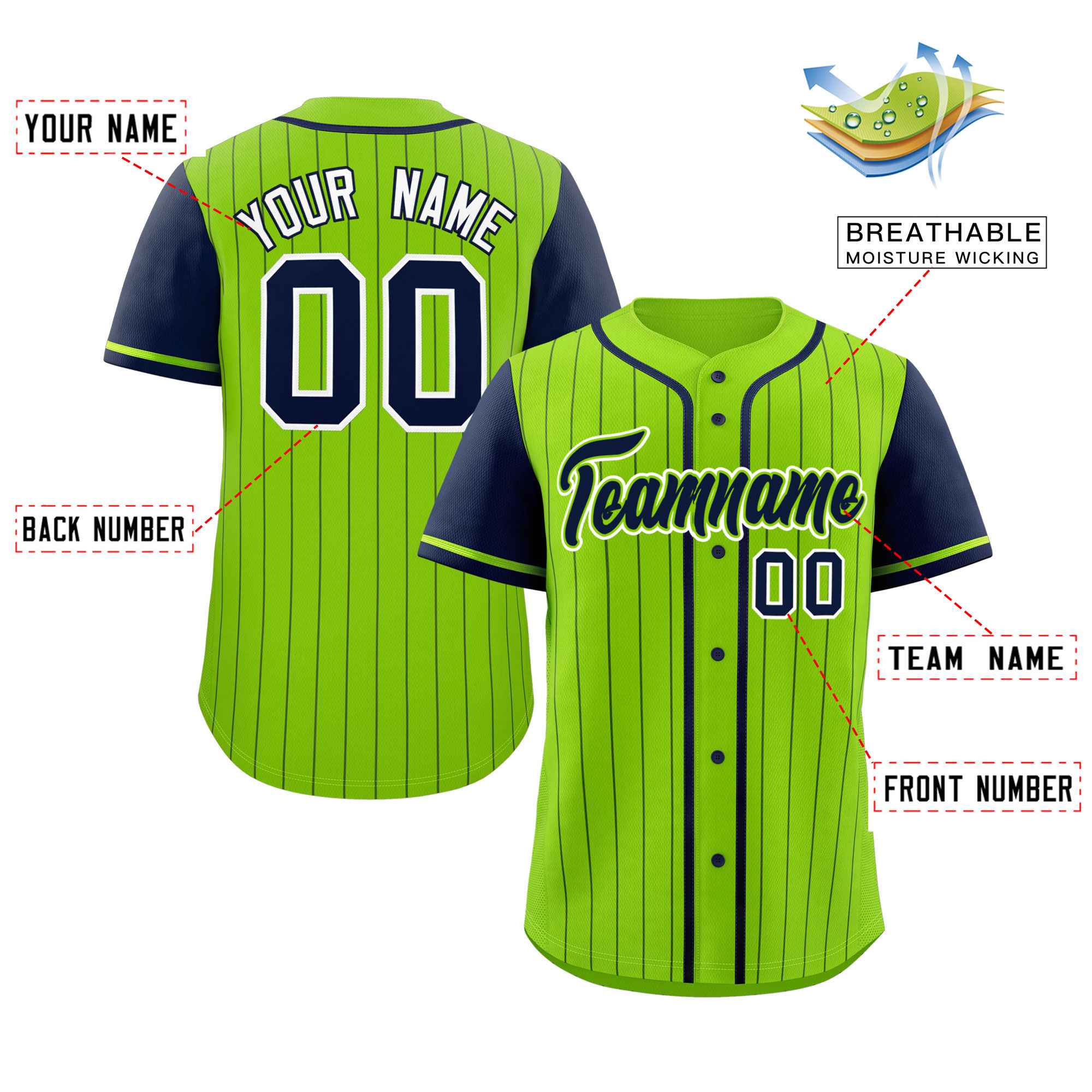 Custom Neon Green Navy Stripe Fashion Raglan Sleeves Authentic Baseball Jersey