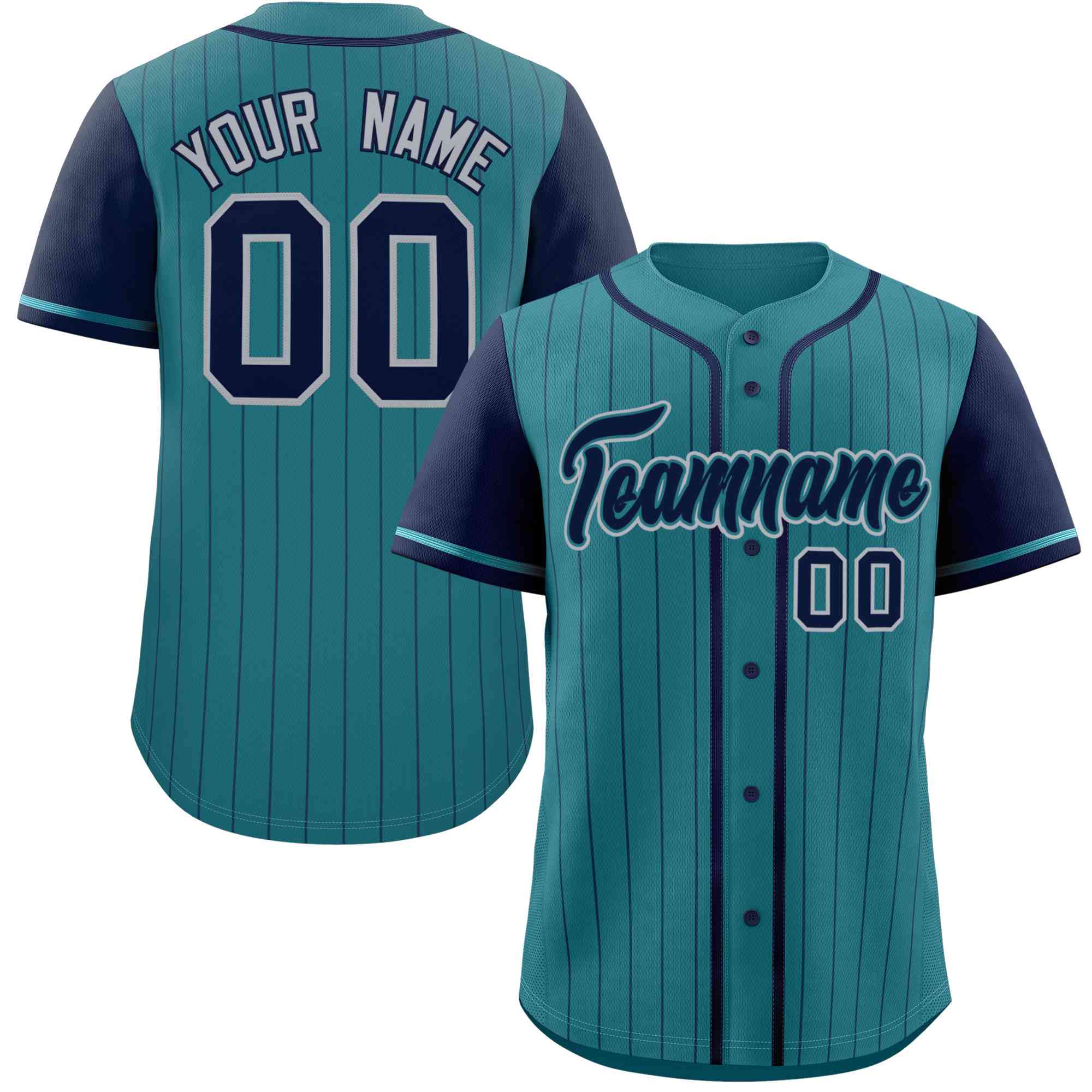 Custom Aqua Navy Stripe Fashion Raglan Sleeves Authentic Baseball Jersey