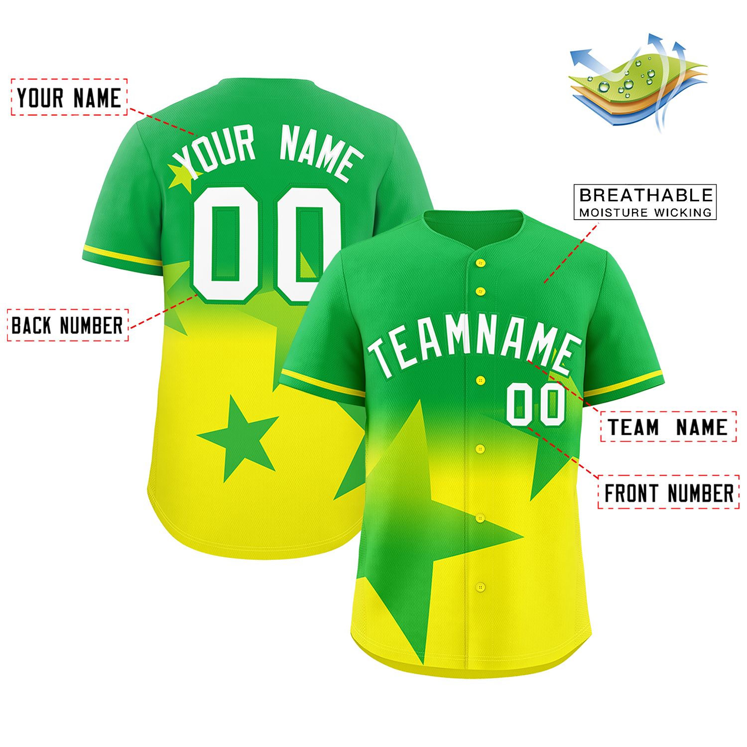 Custom Green Gold Gradient Star Graffiti Pattern Authentic Baseball Jersey