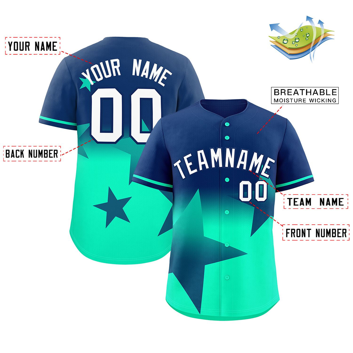 Custom Navy Lt Green Gradient Star Graffiti Pattern Authentic Baseball Jersey