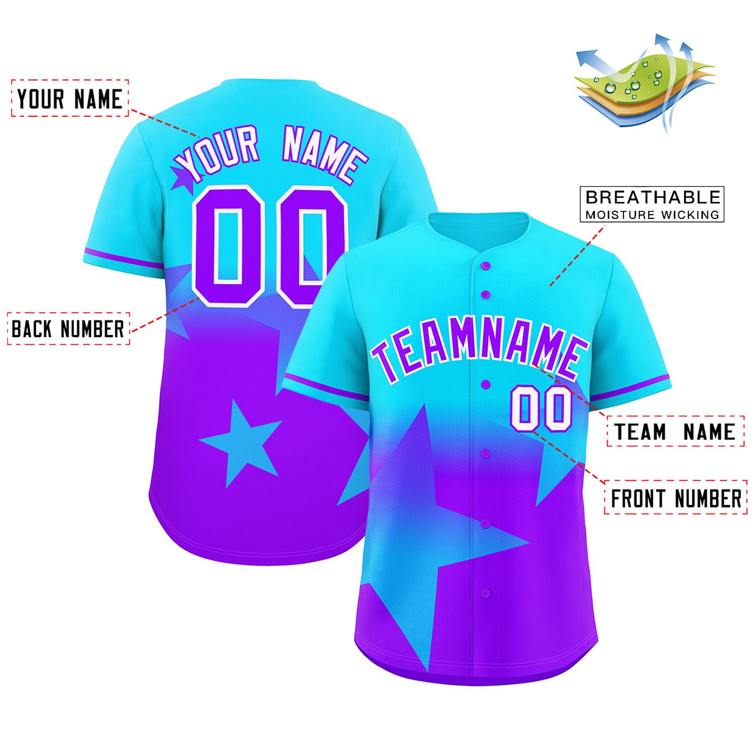 Custom Lt Blue Purple Gradient Star Graffiti Pattern Authentic Baseball Jersey