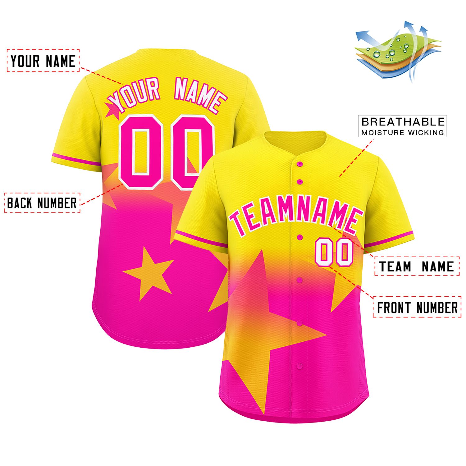 Custom Gold Pink Gradient Star Graffiti Pattern Authentic Baseball Jersey