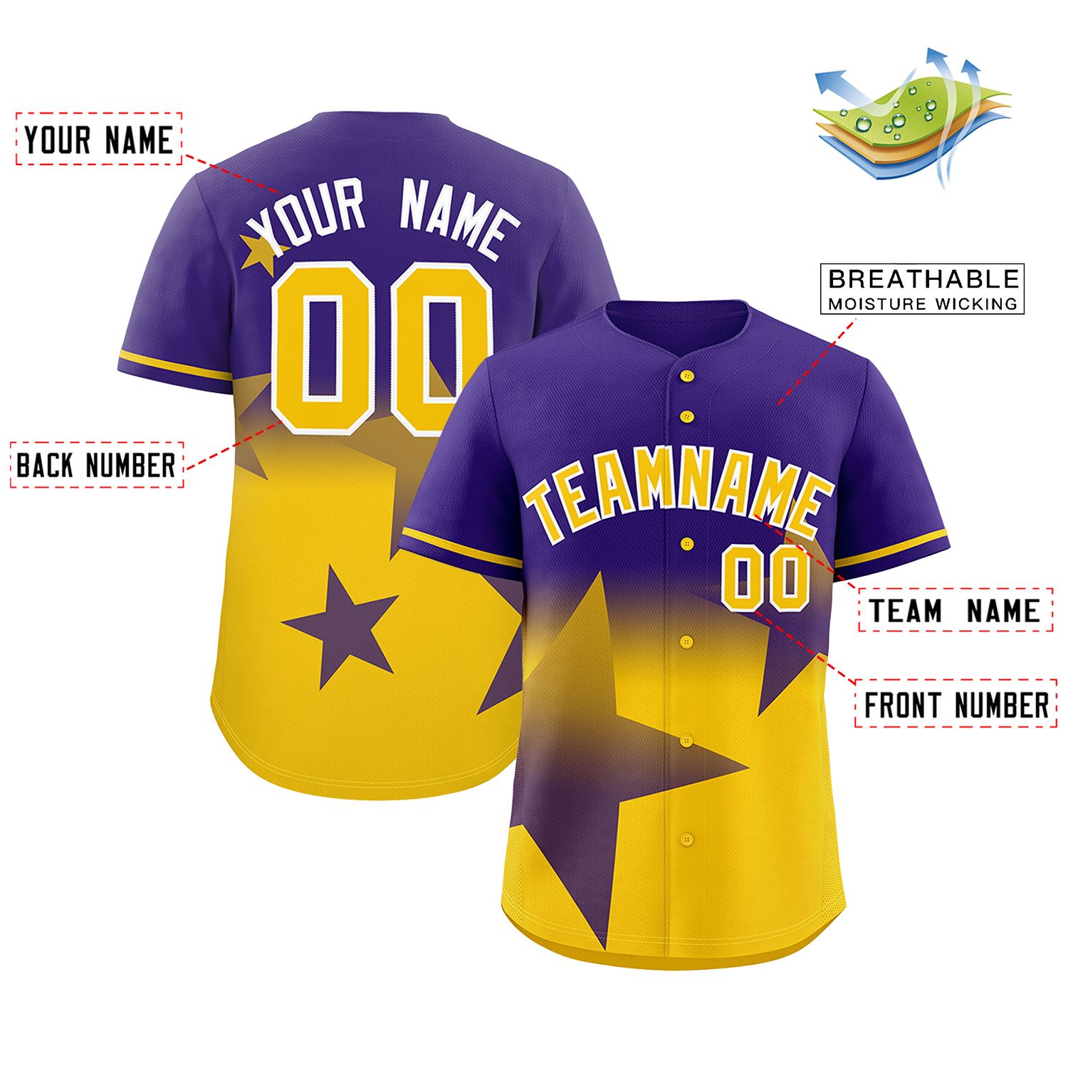 Custom Purple Yellow Gradient Star Graffiti Pattern Authentic Baseball Jersey