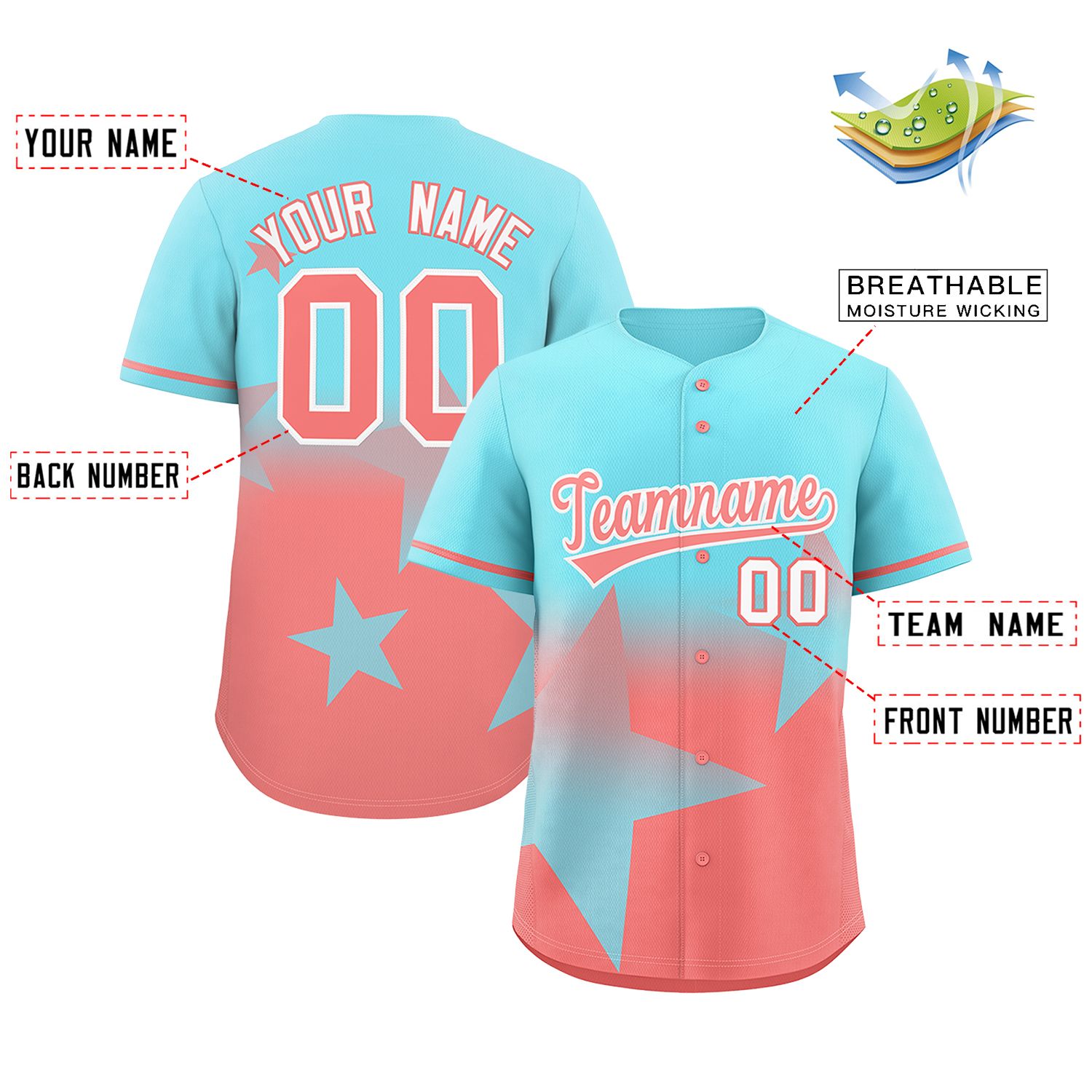 Custom Aqua Lt Red Gradient Star Graffiti Pattern Authentic Baseball Jersey