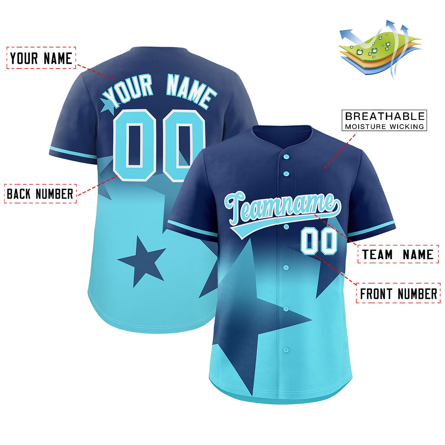 Custom Navy-Sky Blue Gradient Star Graffiti Pattern Authentic Baseball Jersey