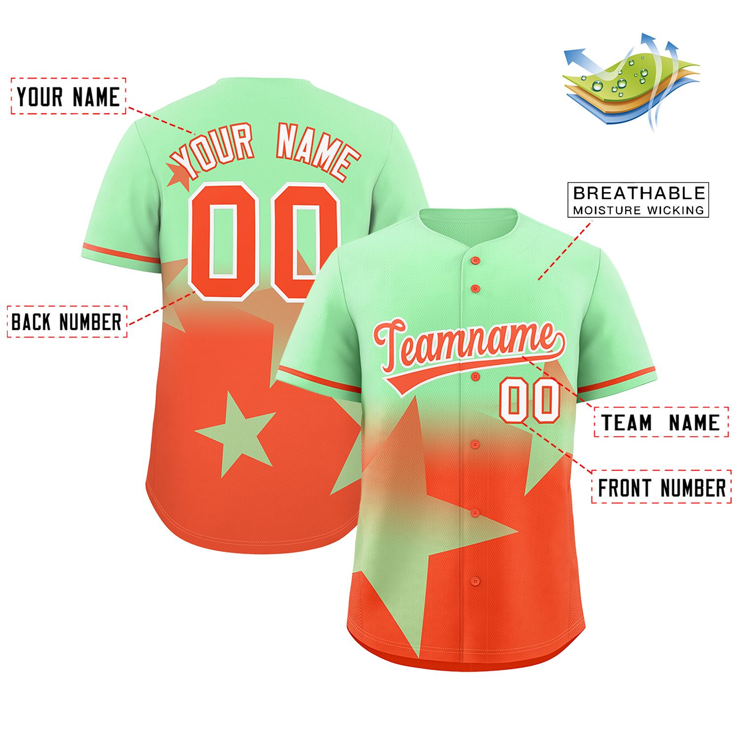 Custom Lt Green Orange Gradient Star Graffiti Pattern Authentic Baseball Jersey