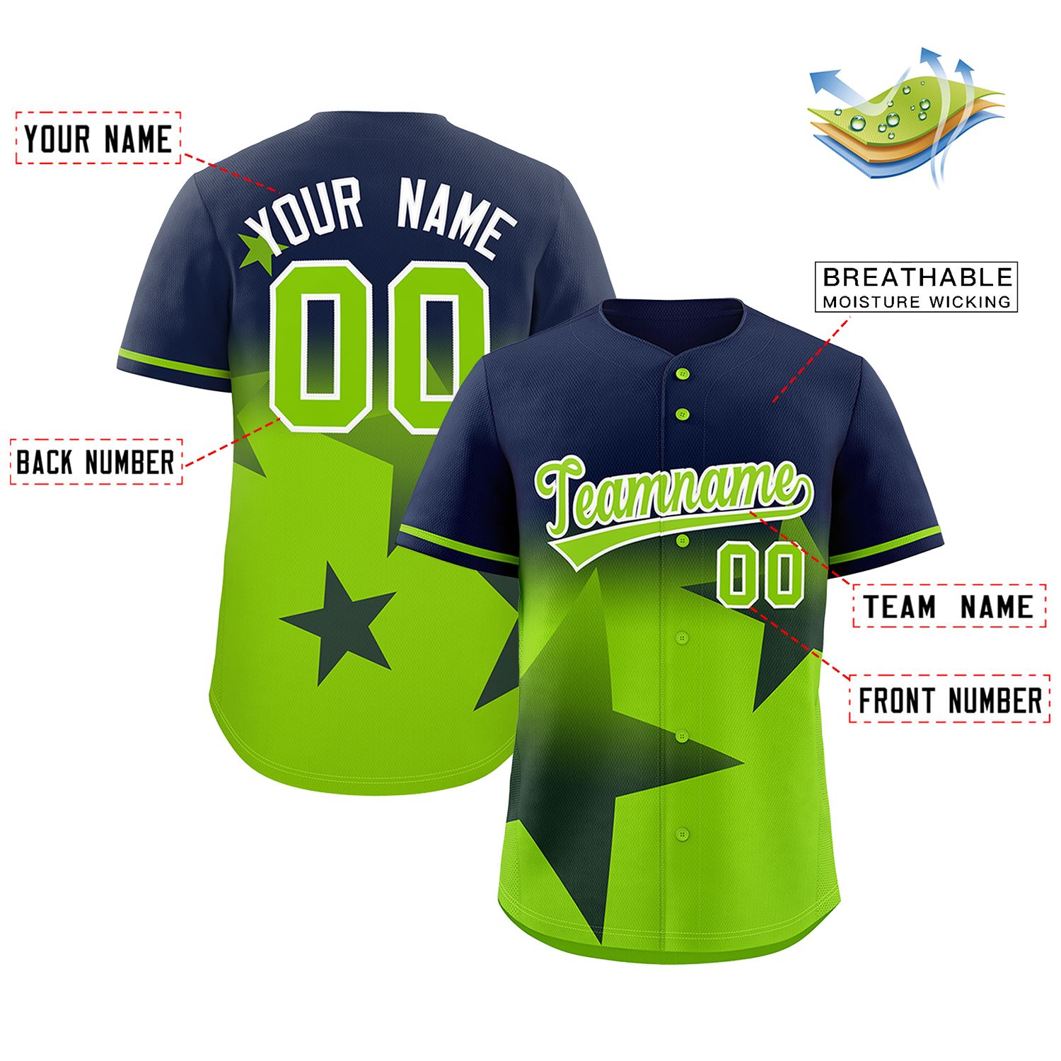 Custom Navy Neon Green Gradient Star Graffiti Pattern Authentic Baseball Jersey