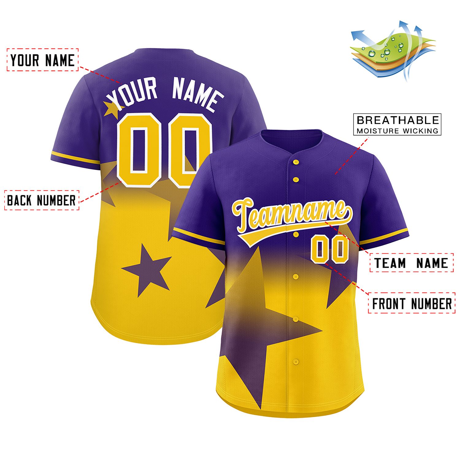 Custom Purple Yellow Gradient Star Graffiti Pattern Authentic Baseball Jersey