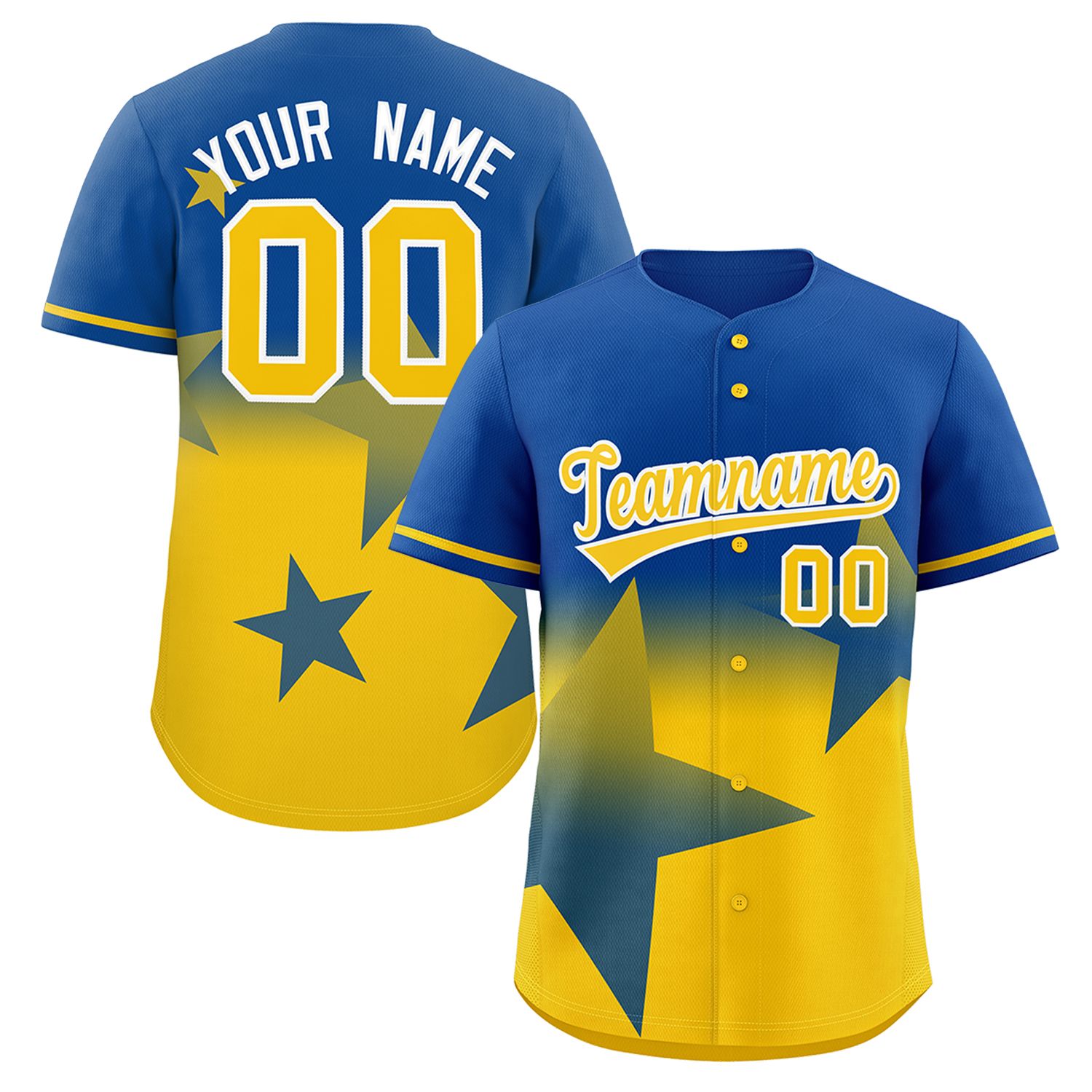 Custom Royal Yellow Gradient Star Graffiti Pattern Authentic Baseball Jersey