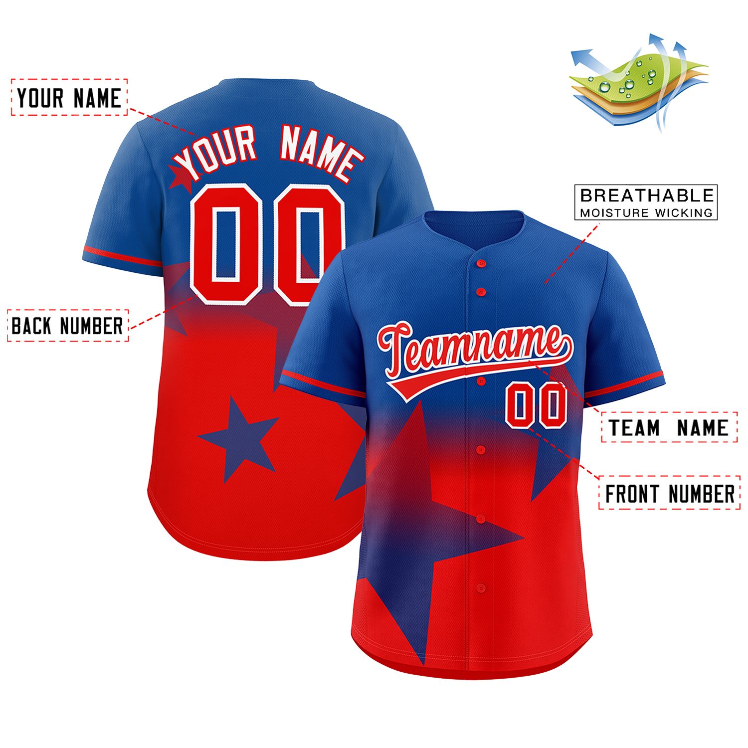 Custom Royal Red Gradient Star Graffiti Pattern Authentic Baseball Jersey