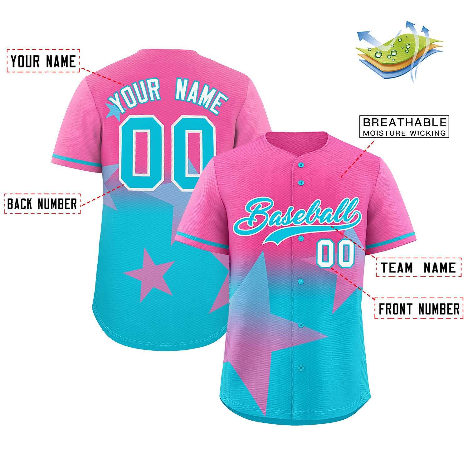 Custom Pink Lt Blue Gradient Star Graffiti Pattern Authentic Baseball Jersey