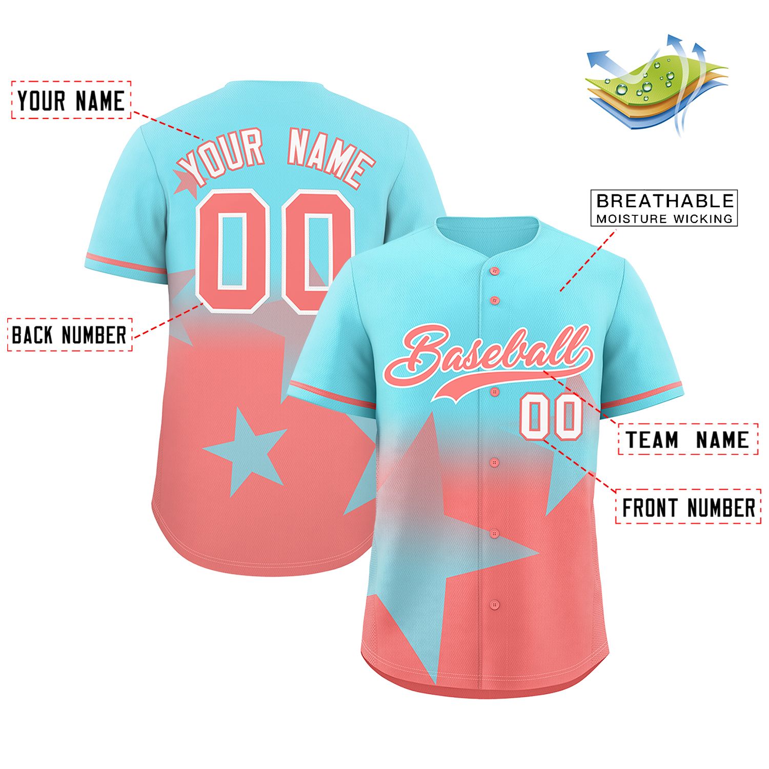 Custom Aqua Lt Red Gradient Star Graffiti Pattern Authentic Baseball Jersey