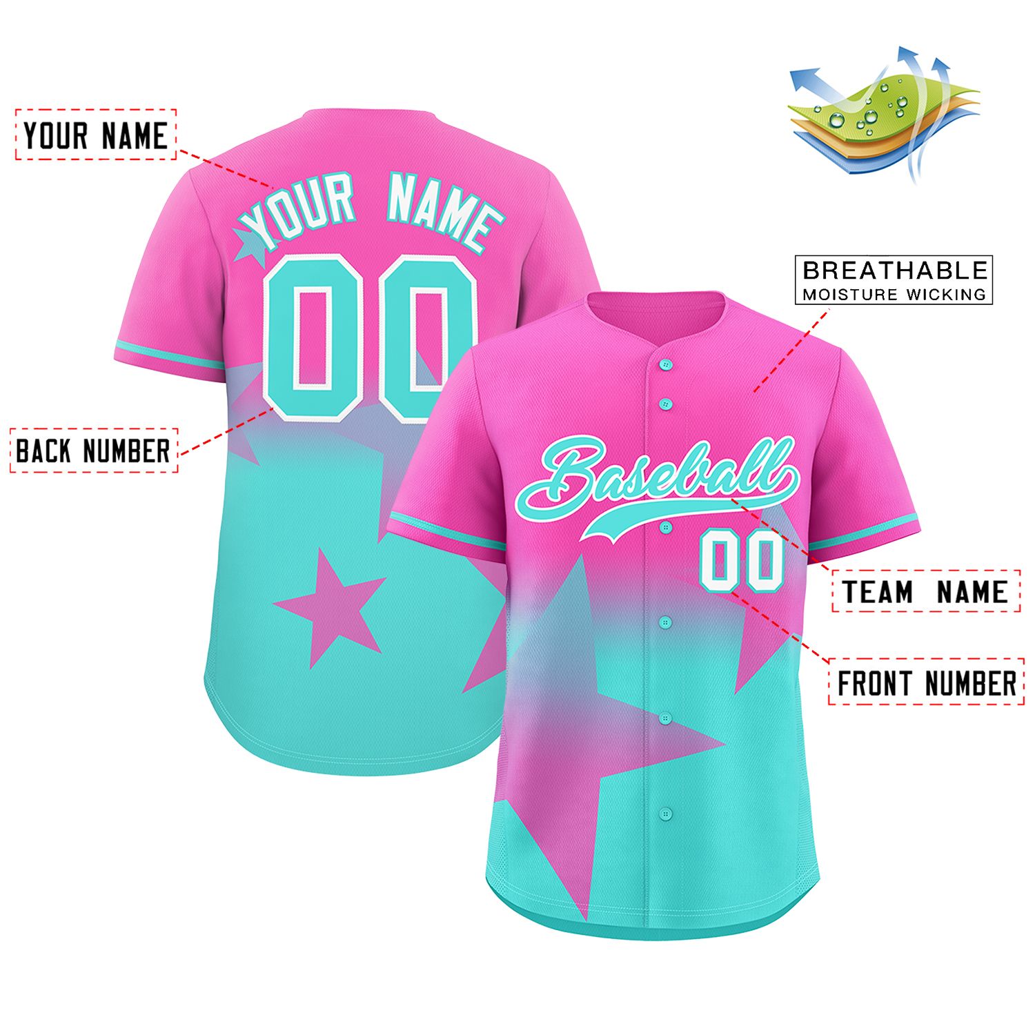 Custom Pink Aqua Gradient Star Graffiti Pattern Authentic Baseball Jersey