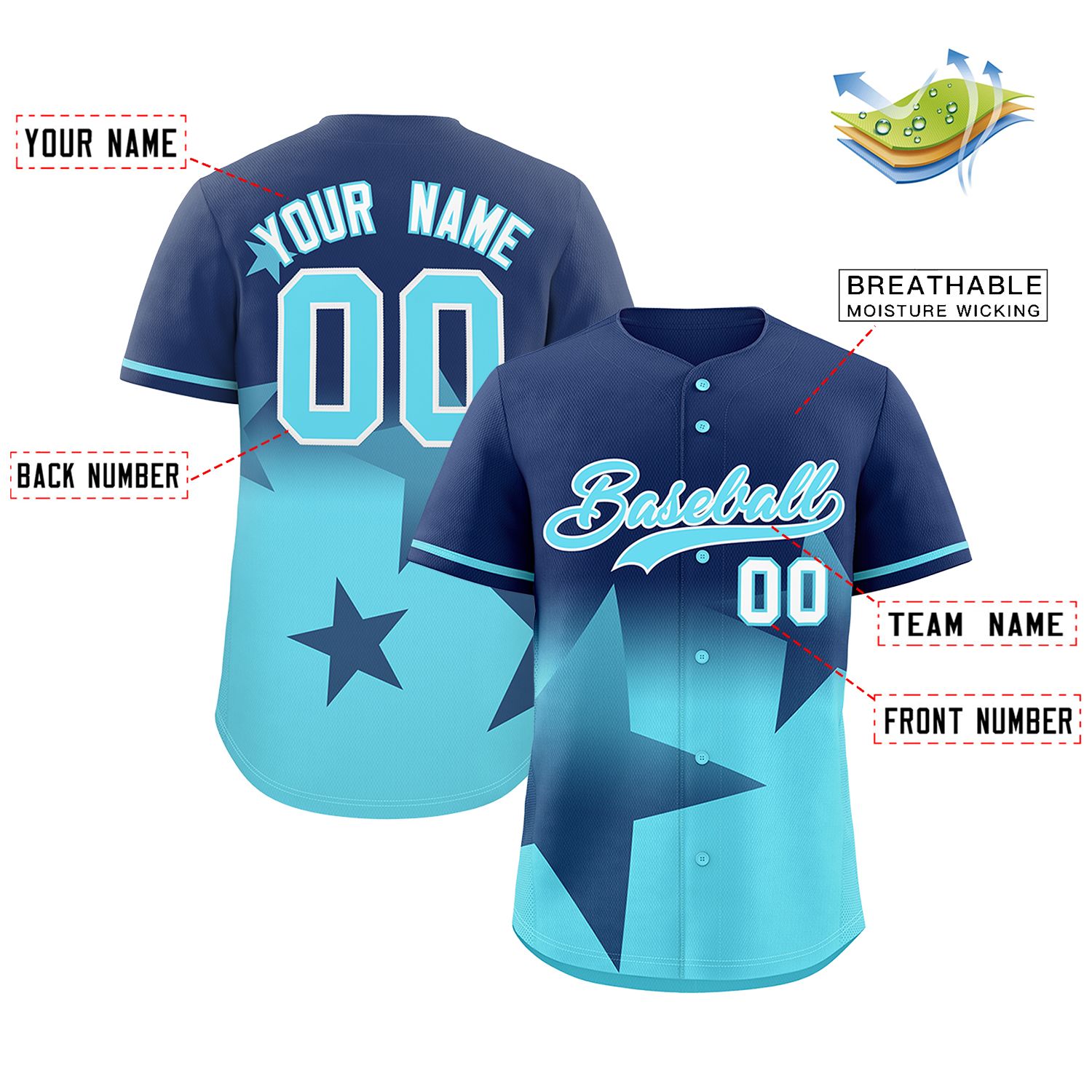 Custom Navy-Sky Blue Gradient Star Graffiti Pattern Authentic Baseball Jersey