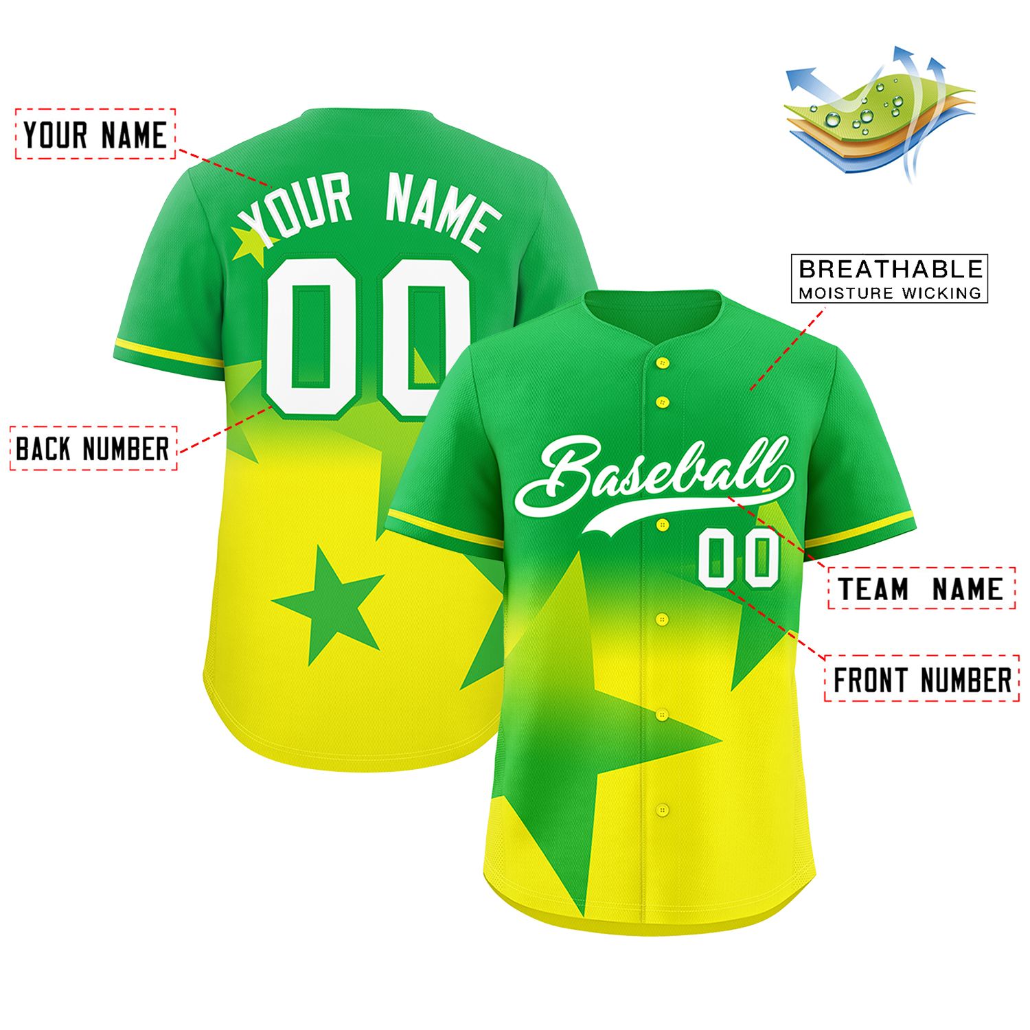 Custom Green Gold Gradient Star Graffiti Pattern Authentic Baseball Jersey