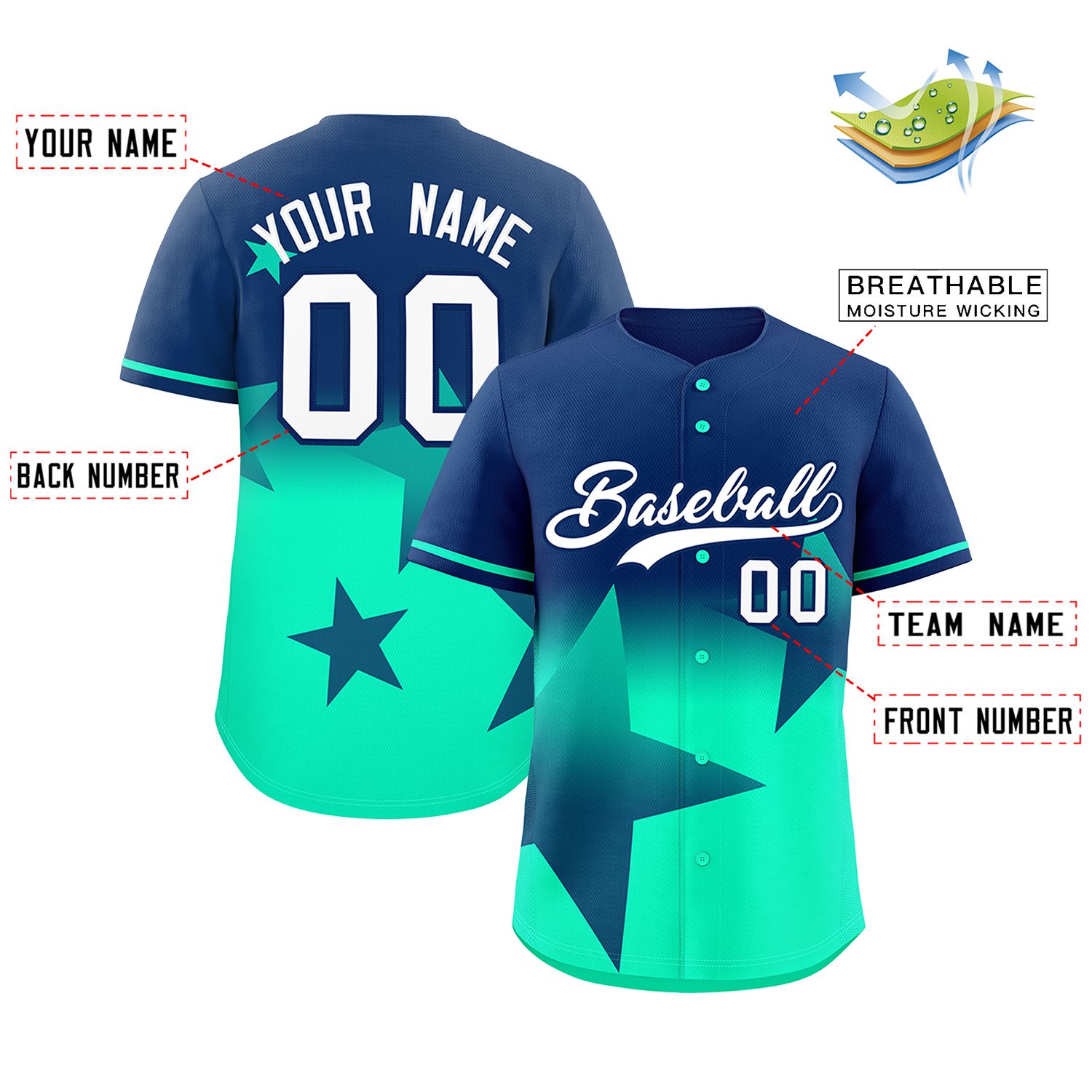 Custom Navy Lt Green Gradient Star Graffiti Pattern Authentic Baseball Jersey