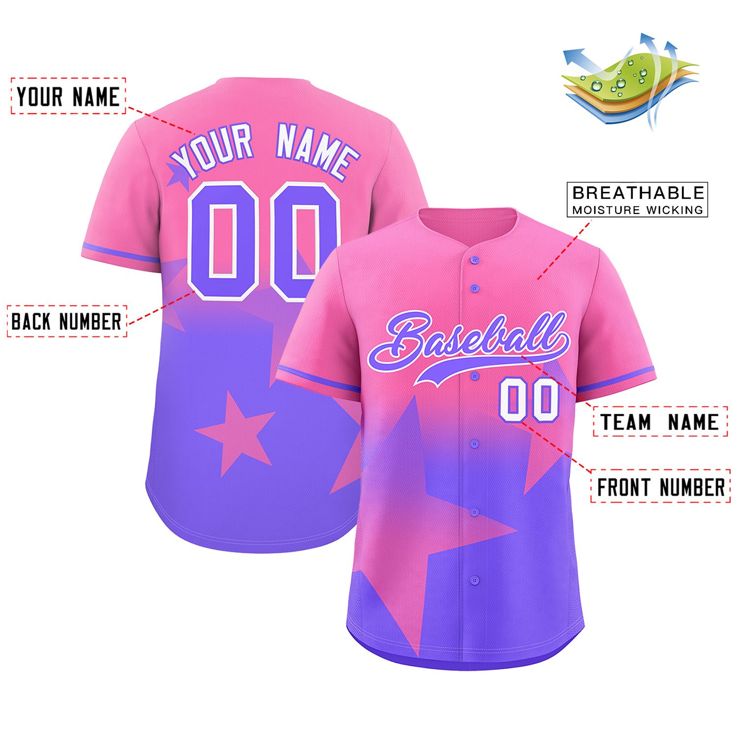 Custom Pink Purple Gradient Star Graffiti Pattern Authentic Baseball Jersey